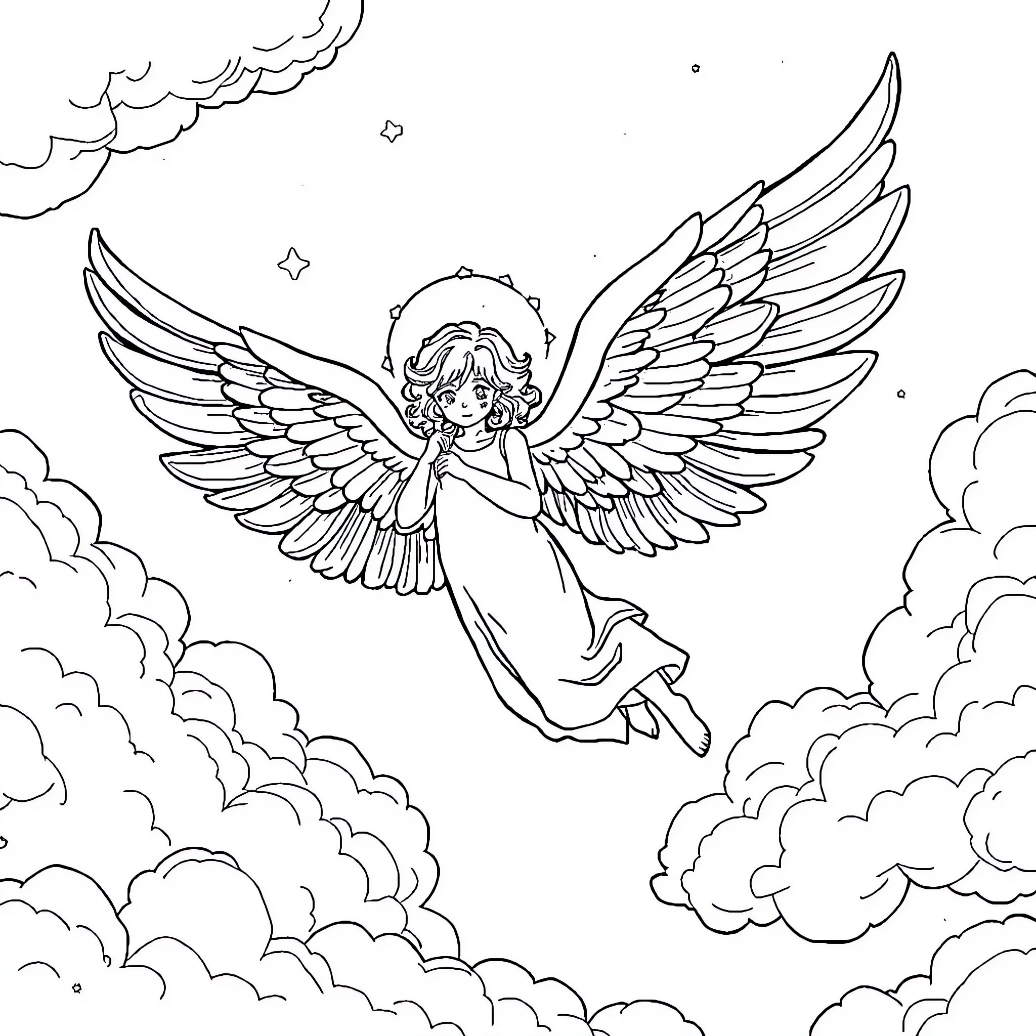 Angel soaring gracefully in the clouds Coloring Page (free black-and-white line drawing printable PDF for all, from beginners to advanced learners, including children, teens, adults, and seniors)