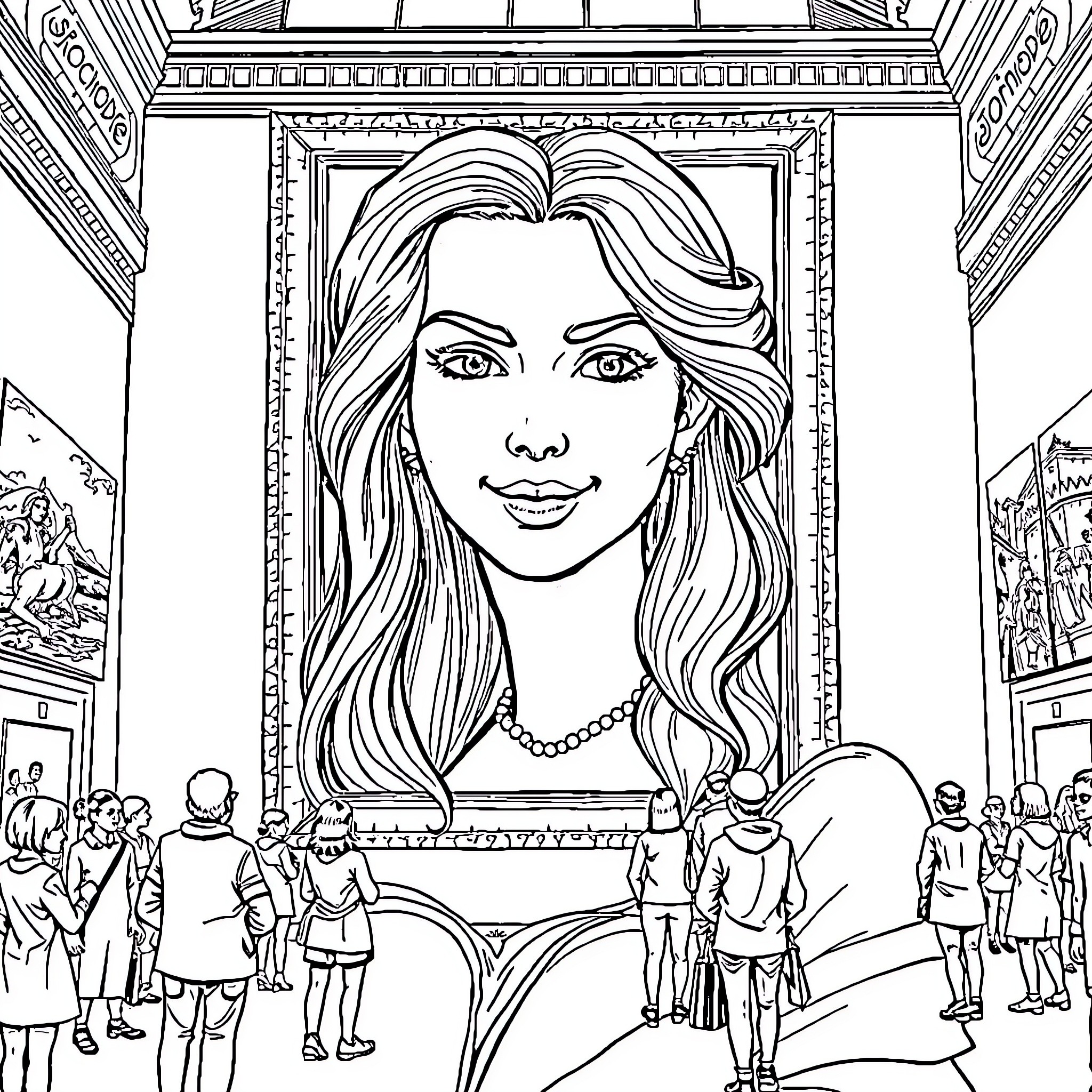 Mona Lisa: A Striking Portrait in an Art Gallery Coloring Page (free black-and-white line drawing printable PDF for all, from beginners to advanced learners, including children, teens, adults, and seniors)