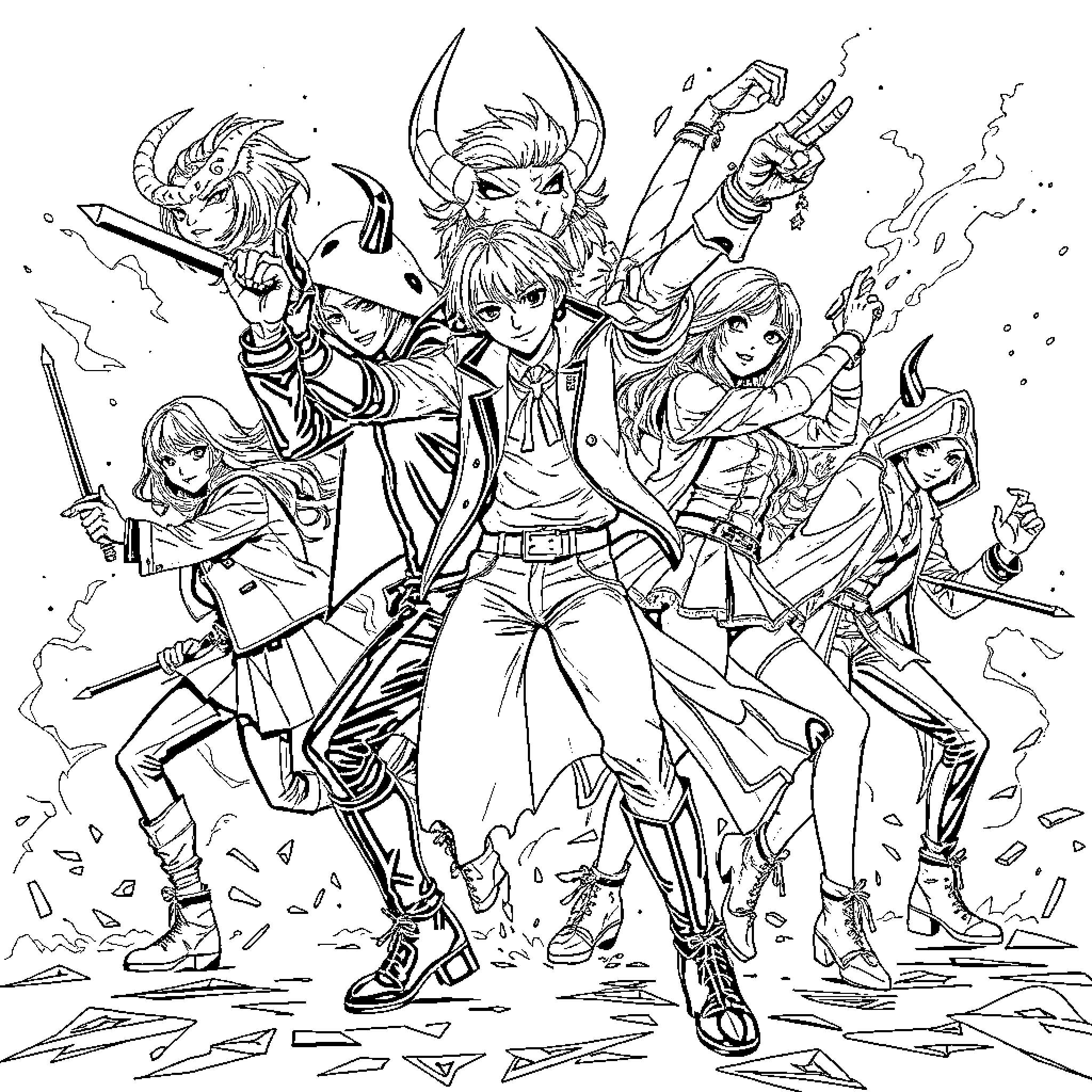 Demon Hunter Faces Perilous Challenges with Courageous Companions Coloring Page (free black-and-white line drawing printable PDF for all, from beginners to advanced learners, including children, teens, adults, and seniors)