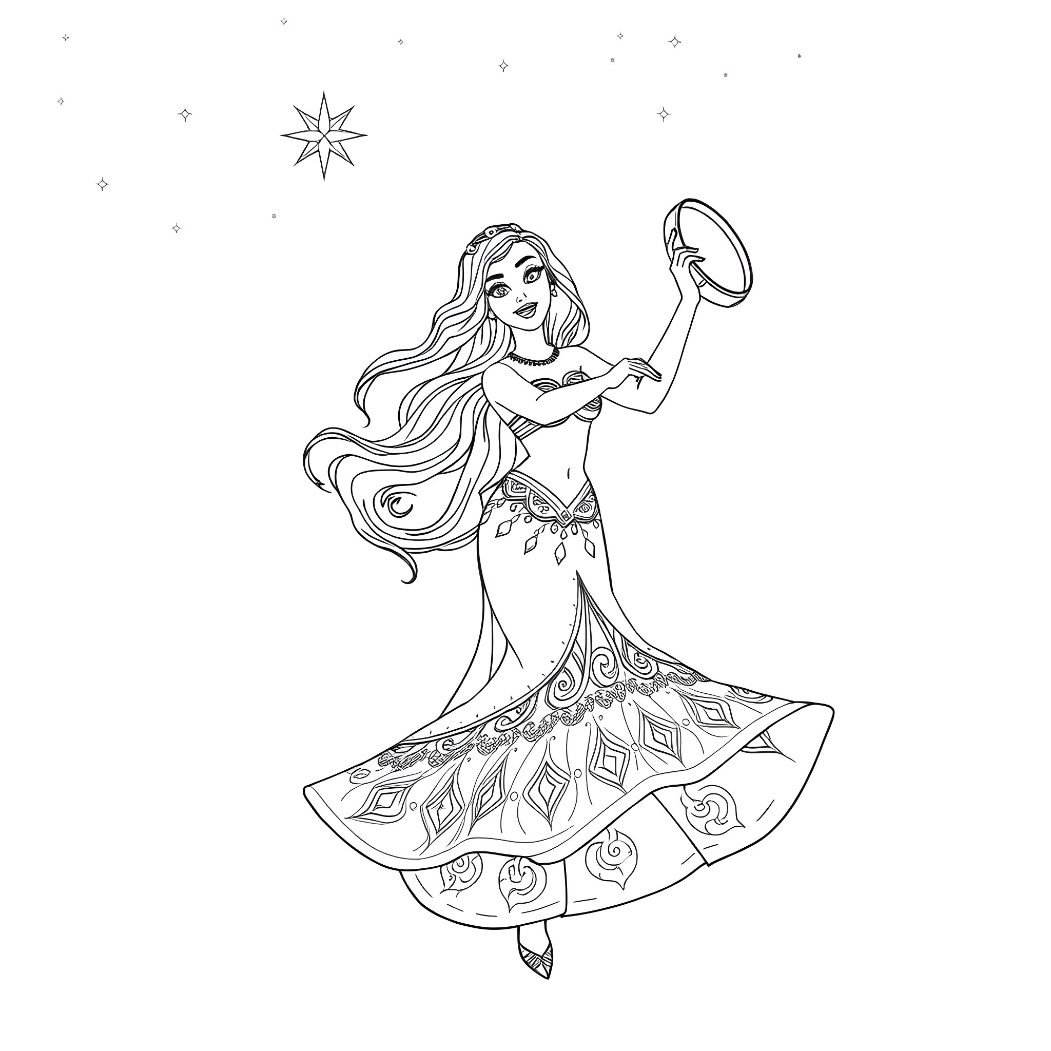 Esmeralda's Enchanting Dance in the Starry Night Coloring Page (free black-and-white line drawing printable PDF for all, from beginners to advanced learners, including children, teens, adults, and seniors)