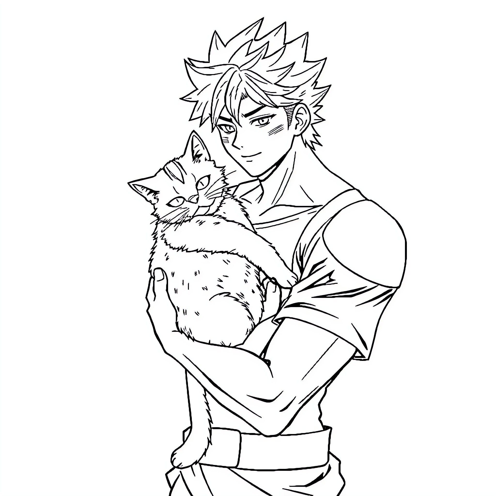 Bakugo holding a cat with a determined expression Coloring Page (free black-and-white line drawing printable PDF for all, from beginners to advanced learners, including children, teens, adults, and seniors)