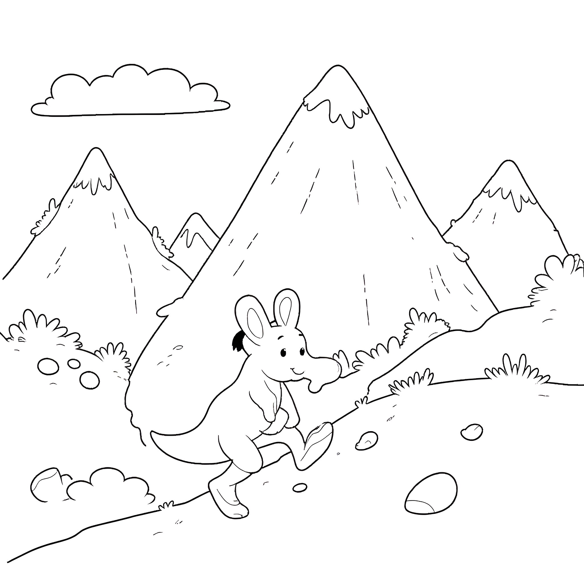 Aardvark exploring mountainous landscape Coloring Page (free black-and-white line drawing printable PDF for all, from beginners to advanced learners, including children, teens, adults, and seniors)