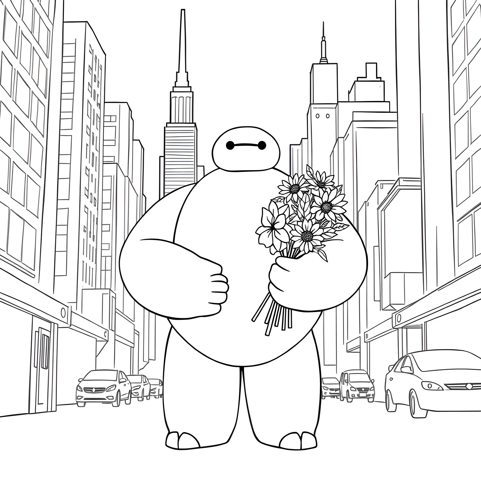 Hero holding a bouquet in the city Coloring Page (free black-and-white line drawing printable PDF for all, from beginners to advanced learners, including children, teens, adults, and seniors)