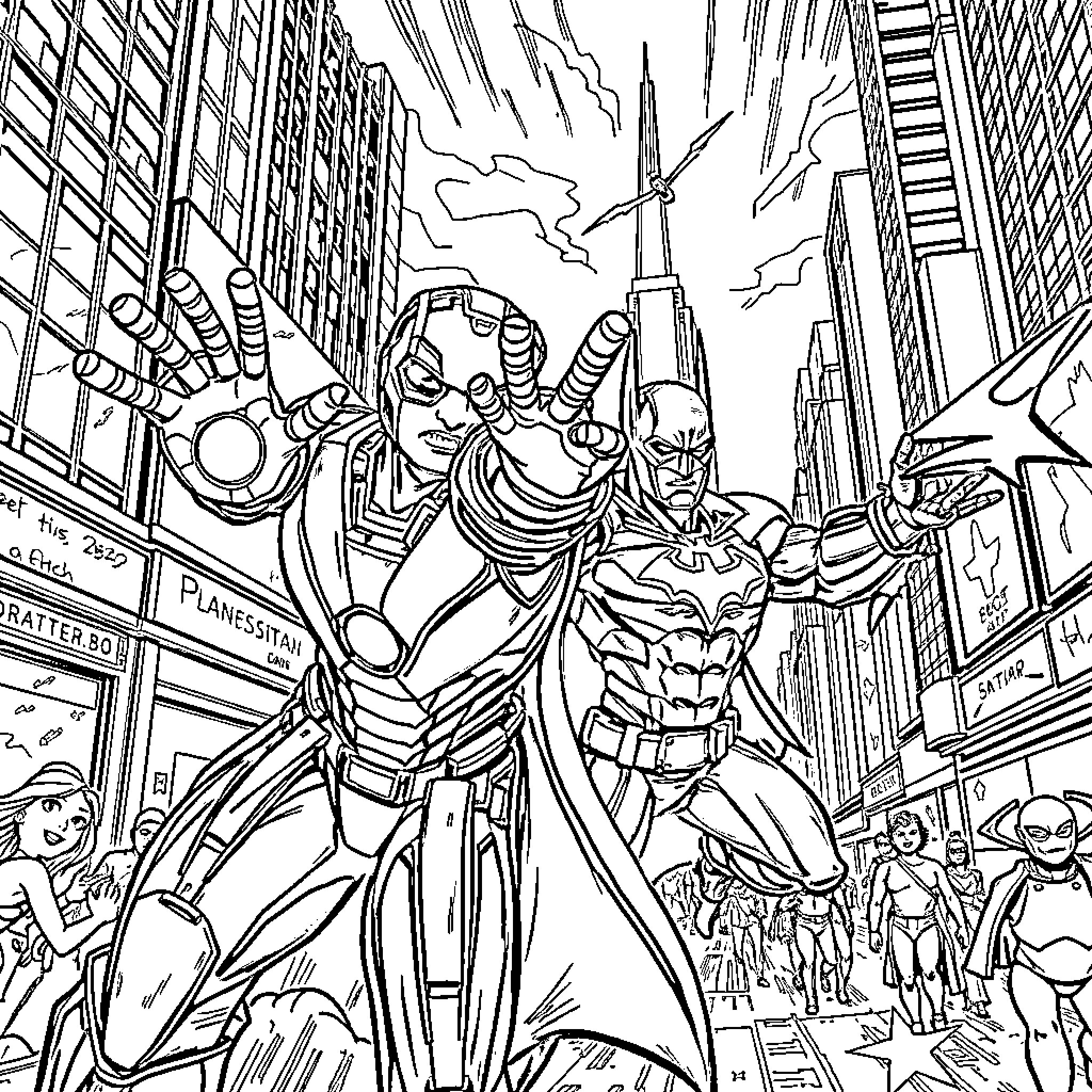 Superhero Battles Evil in Bustling City Coloring Page (free black-and-white line drawing printable PDF for all, from beginners to advanced learners, including children, teens, adults, and seniors)