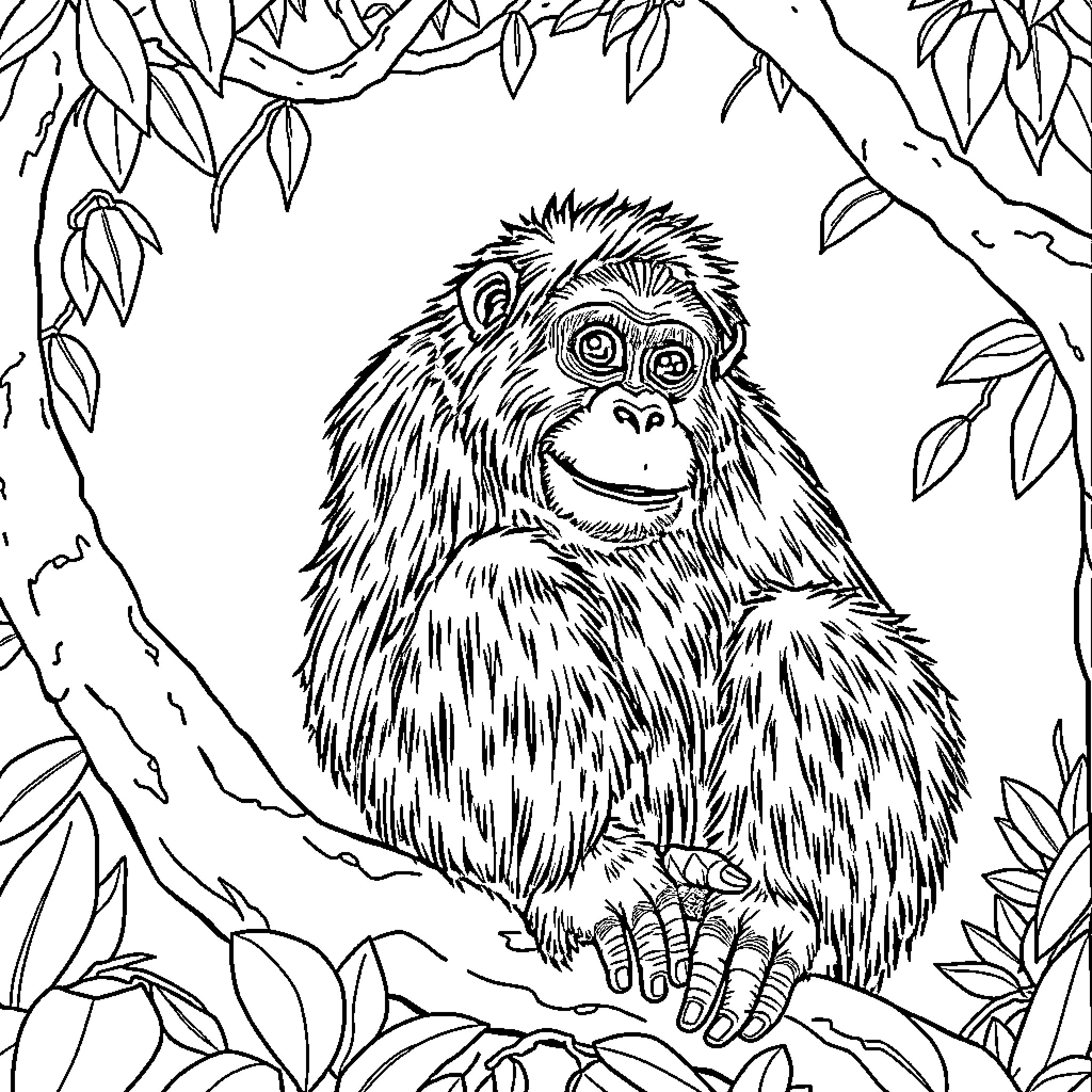 Orangutan peeking curiously in the forest Coloring Page (free black-and-white line drawing printable PDF for all, from beginners to advanced learners, including children, teens, adults, and seniors)