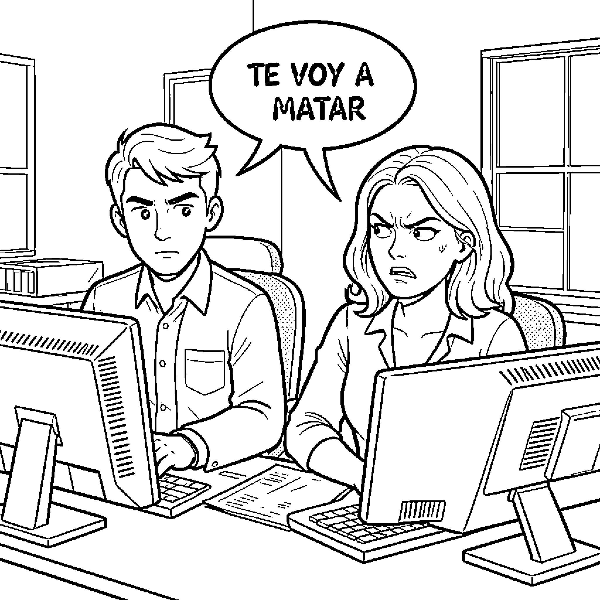 Compañero arguing intensely in the office Coloring Page (free black-and-white line drawing printable PDF for all, from beginners to advanced learners, including children, teens, adults, and seniors)
