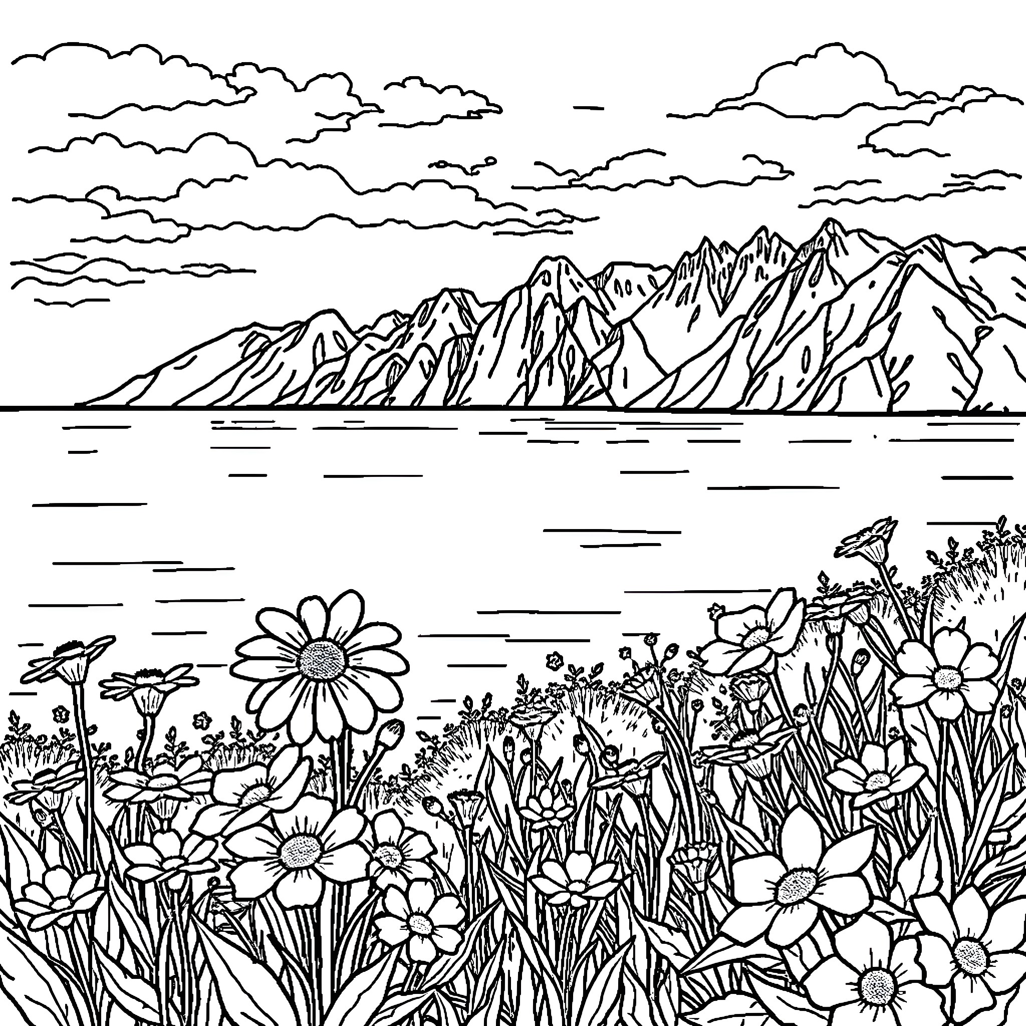 Nature's Mountain and Floral Landscape Coloring Page (free black-and-white line drawing printable PDF for all, from beginners to advanced learners, including children, teens, adults, and seniors)