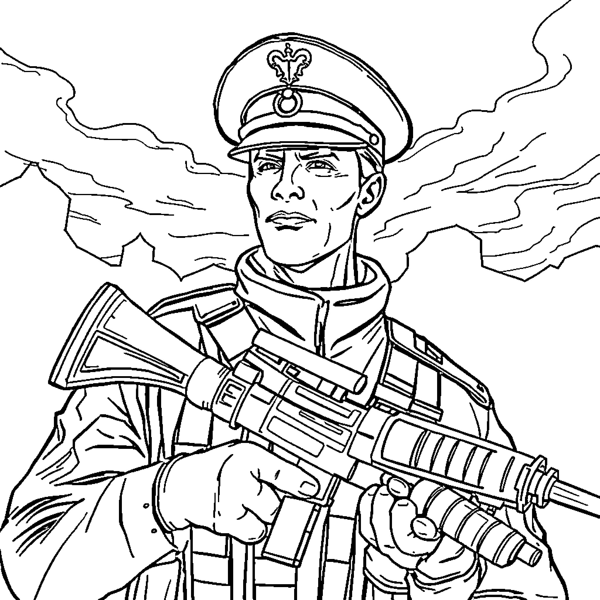 Warrior soldier in military uniform wielding assault rifle Coloring Page (free black-and-white line drawing printable PDF for all, from beginners to advanced learners, including children, teens, adults, and seniors)