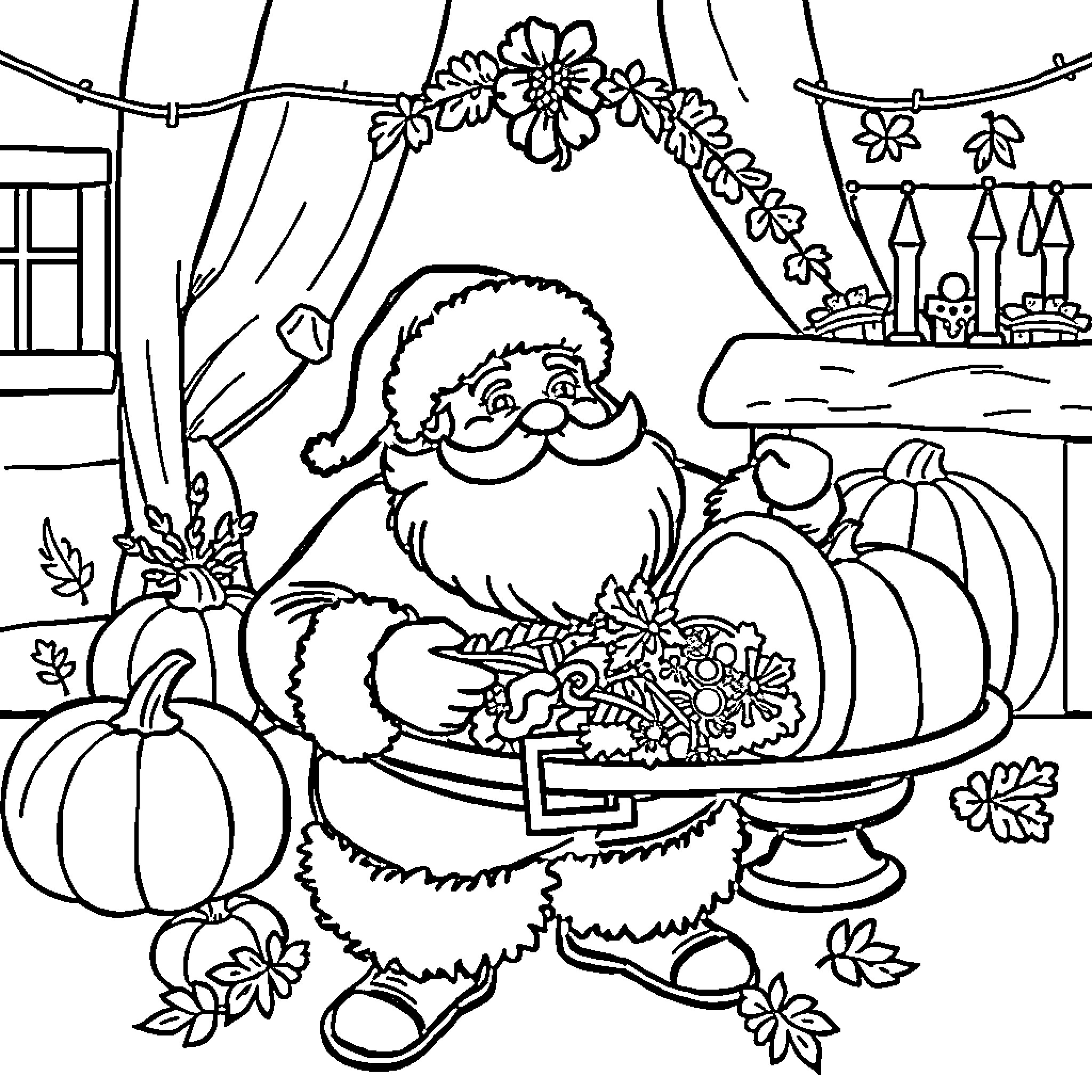 Santa enjoying festive decorations and pumpkins Coloring Page (free black-and-white line drawing printable PDF for all, from beginners to advanced learners, including children, teens, adults, and seniors)