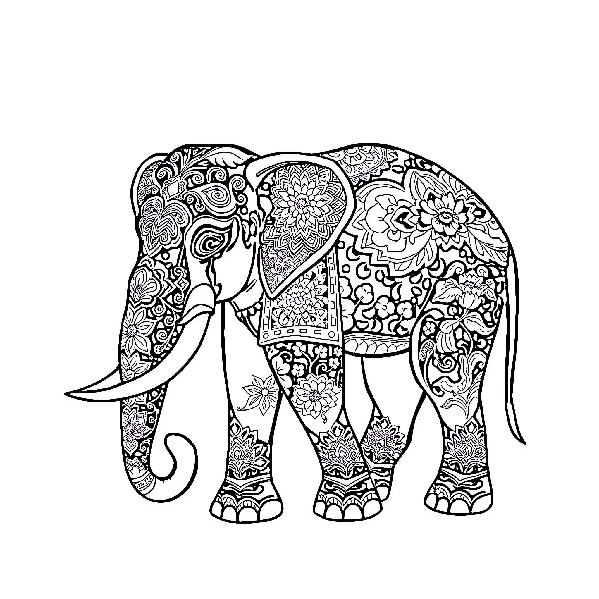 Elephant with intricate floral patterns Coloring Page (free black-and-white line drawing printable PDF for all, from beginners to advanced learners, including children, teens, adults, and seniors)