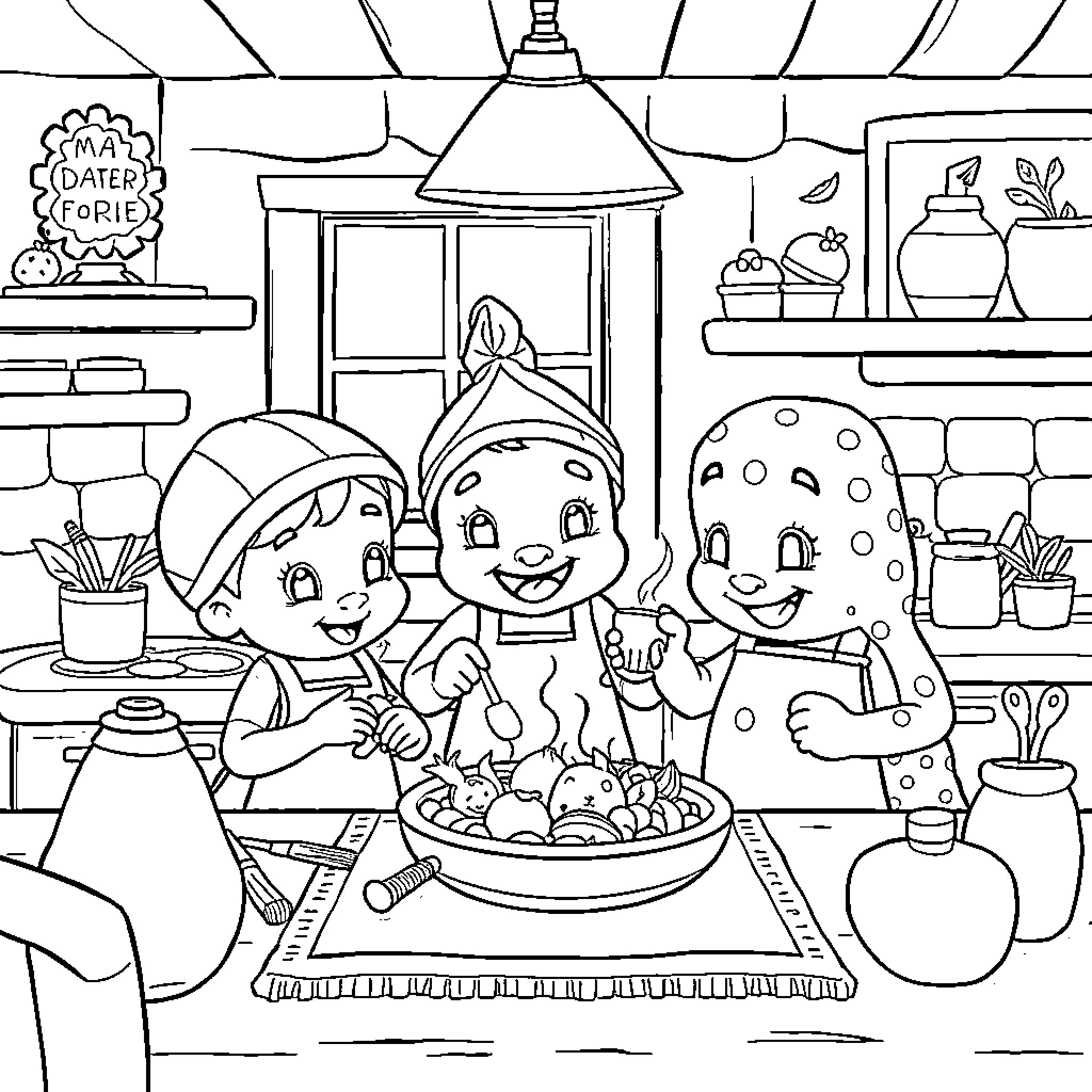 Diddi's Playful Cooking Adventure Coloring Page (free black-and-white line drawing printable PDF for all, from beginners to advanced learners, including children, teens, adults, and seniors)