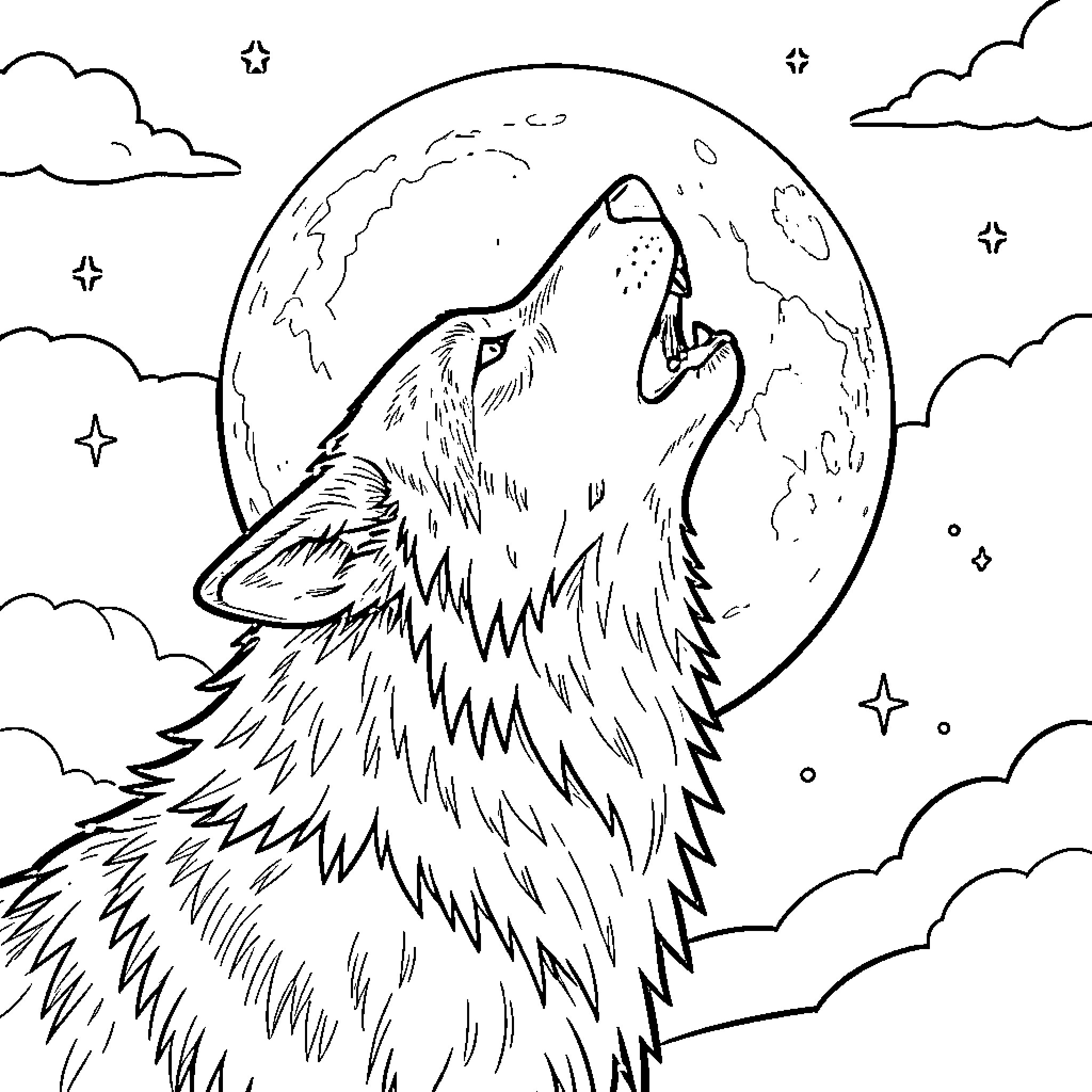 Wolf howling at the moon in the night sky Coloring Page (free black-and-white line drawing printable PDF for all, from beginners to advanced learners, including children, teens, adults, and seniors)