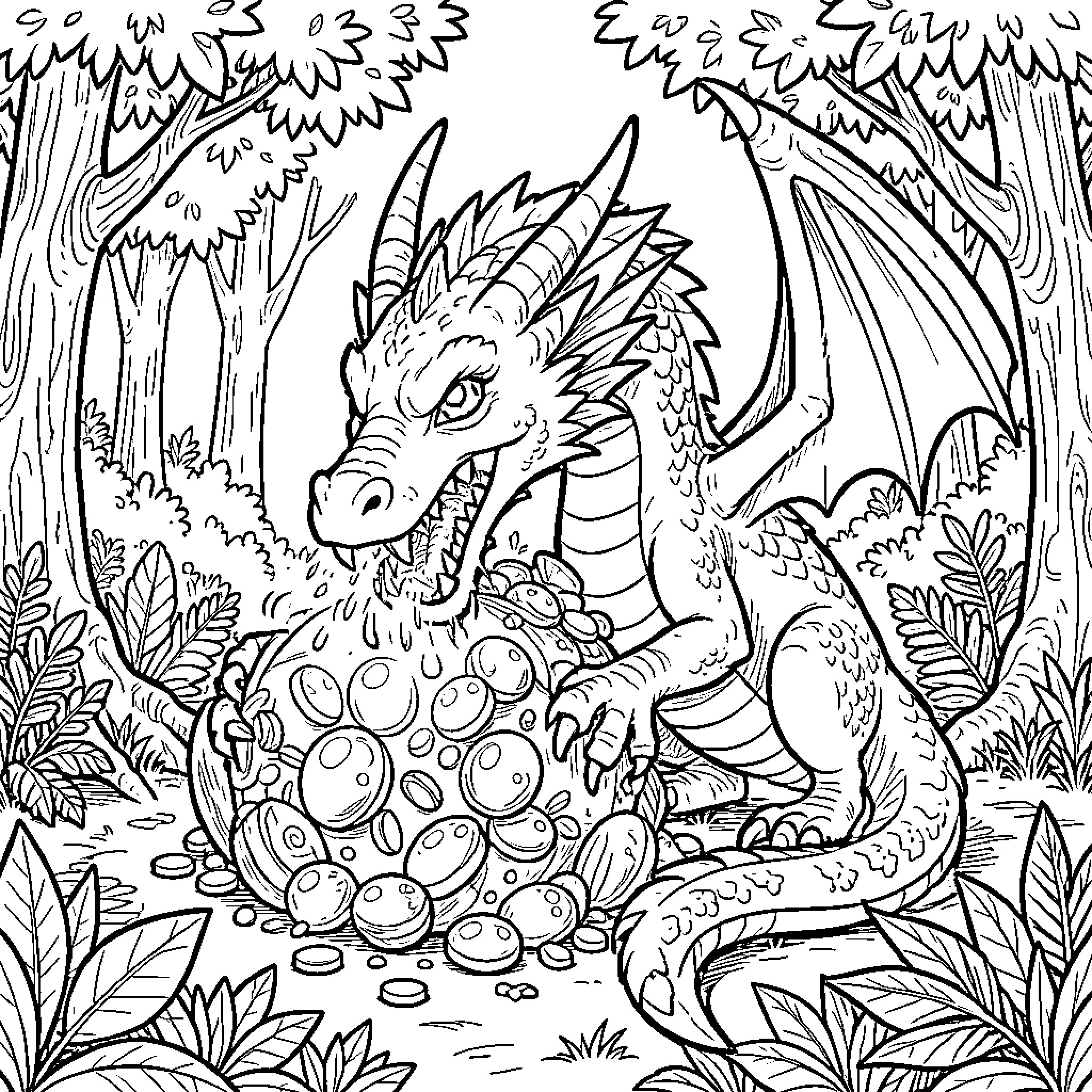 Dragon in a Magical Forest Coloring Page (free black-and-white line drawing printable PDF for all, from beginners to advanced learners, including children, teens, adults, and seniors)