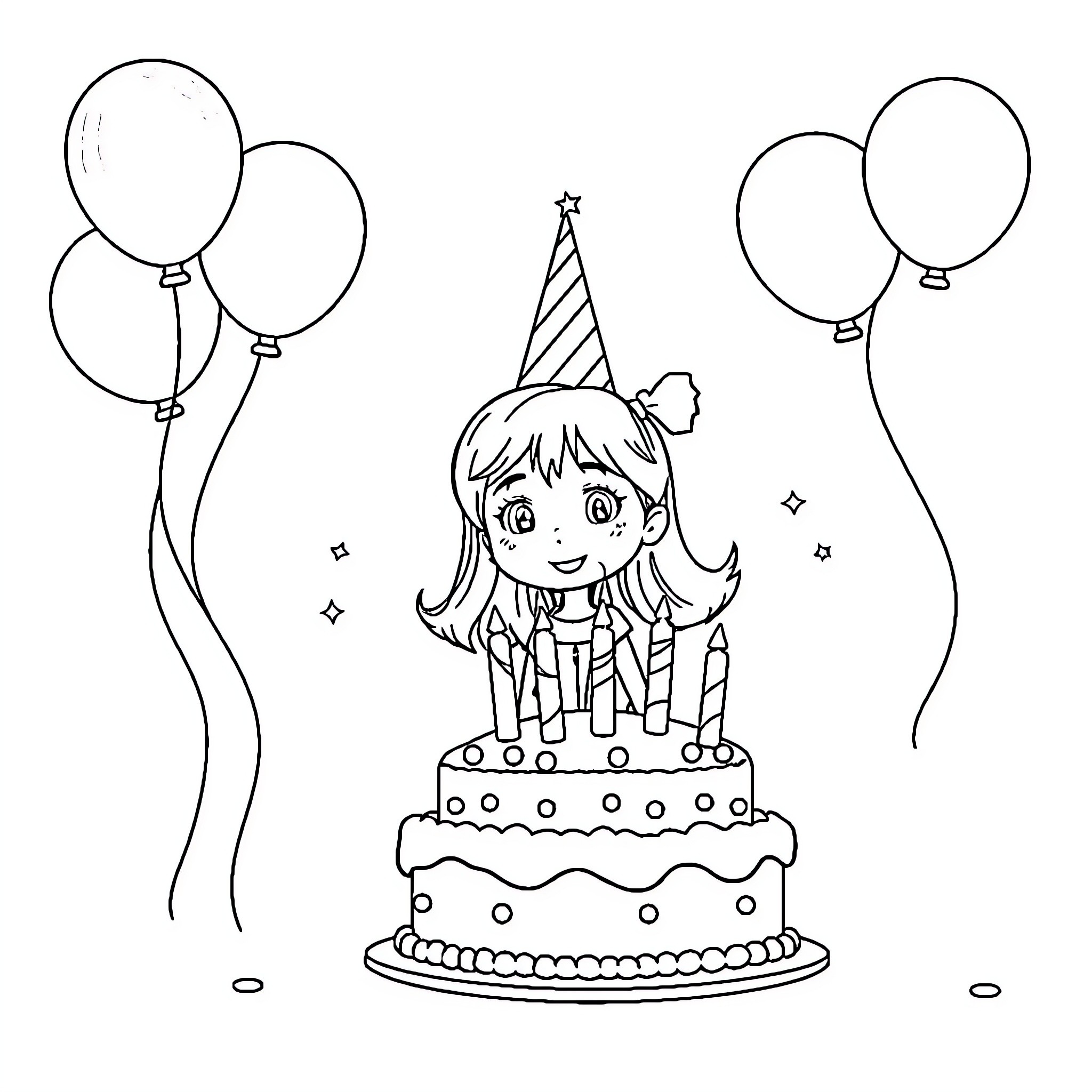 Ellie celebrates her birthday with cake and balloons Coloring Page (free black-and-white line drawing printable PDF for all, from beginners to advanced learners, including children, teens, adults, and seniors)
