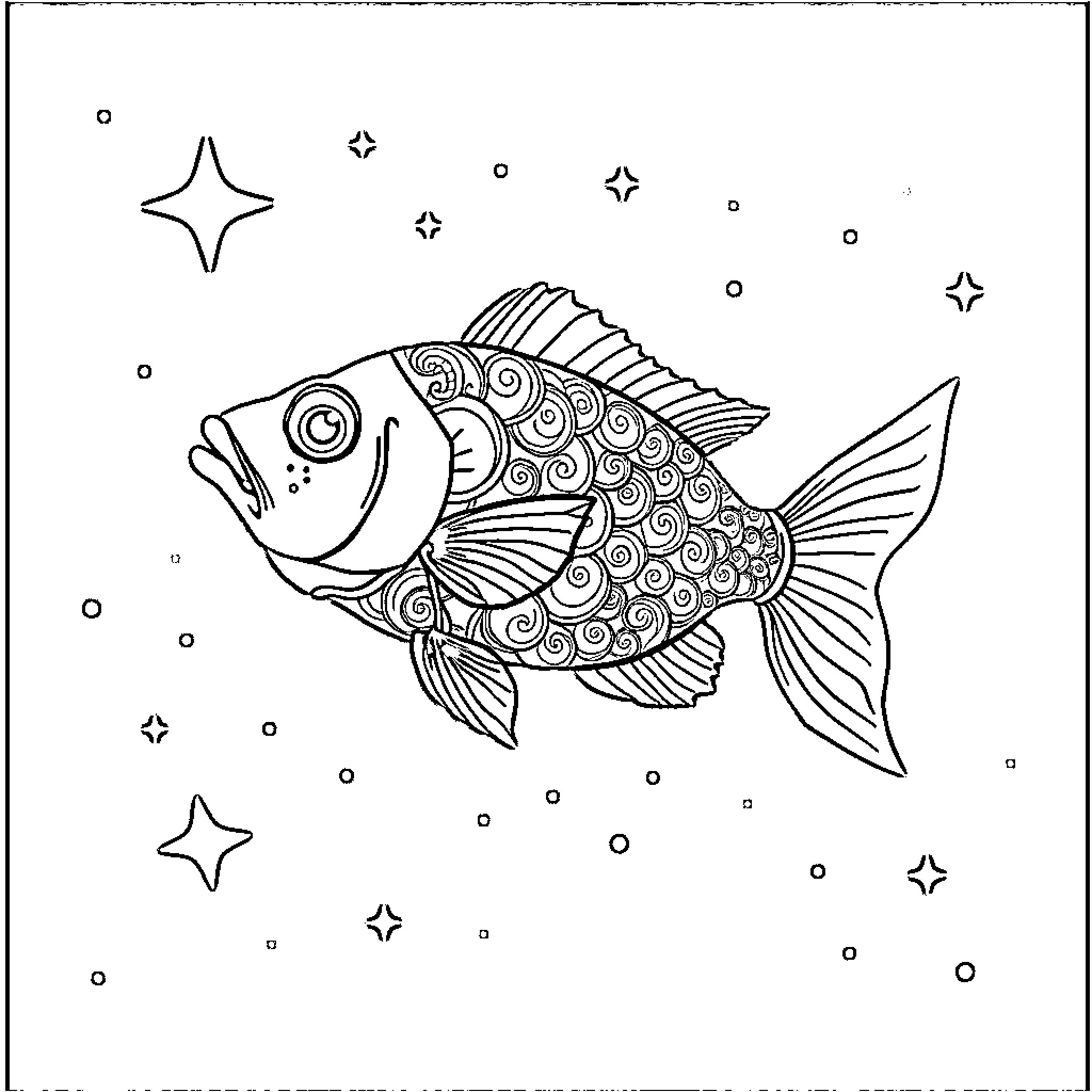 Fish swimming among stars in the night sky Coloring Page (free black-and-white line drawing printable PDF for all, from beginners to advanced learners, including children, teens, adults, and seniors)