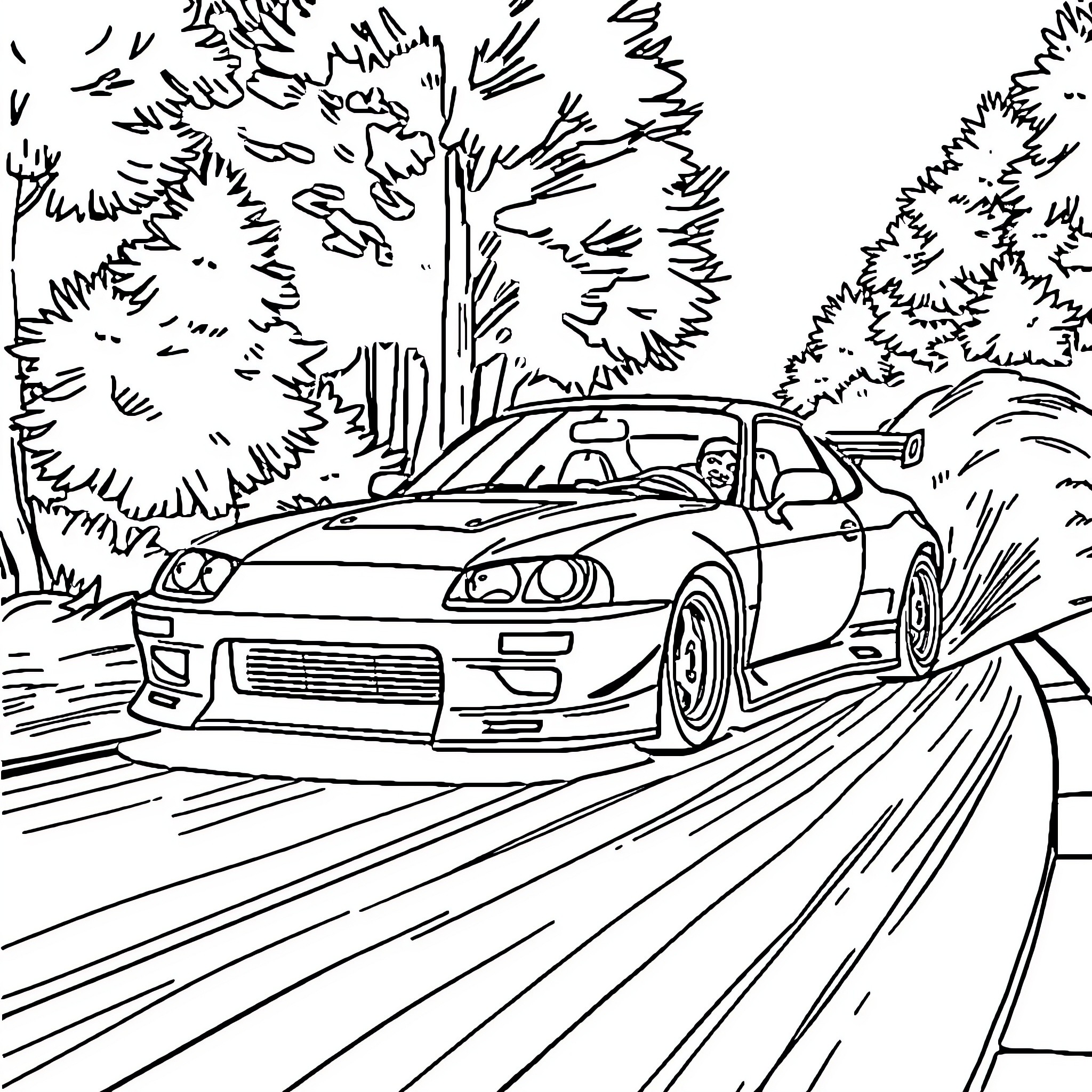 Car driving fast on winding road through forest Coloring Page (free black-and-white line drawing printable PDF for all, from beginners to advanced learners, including children, teens, adults, and seniors)