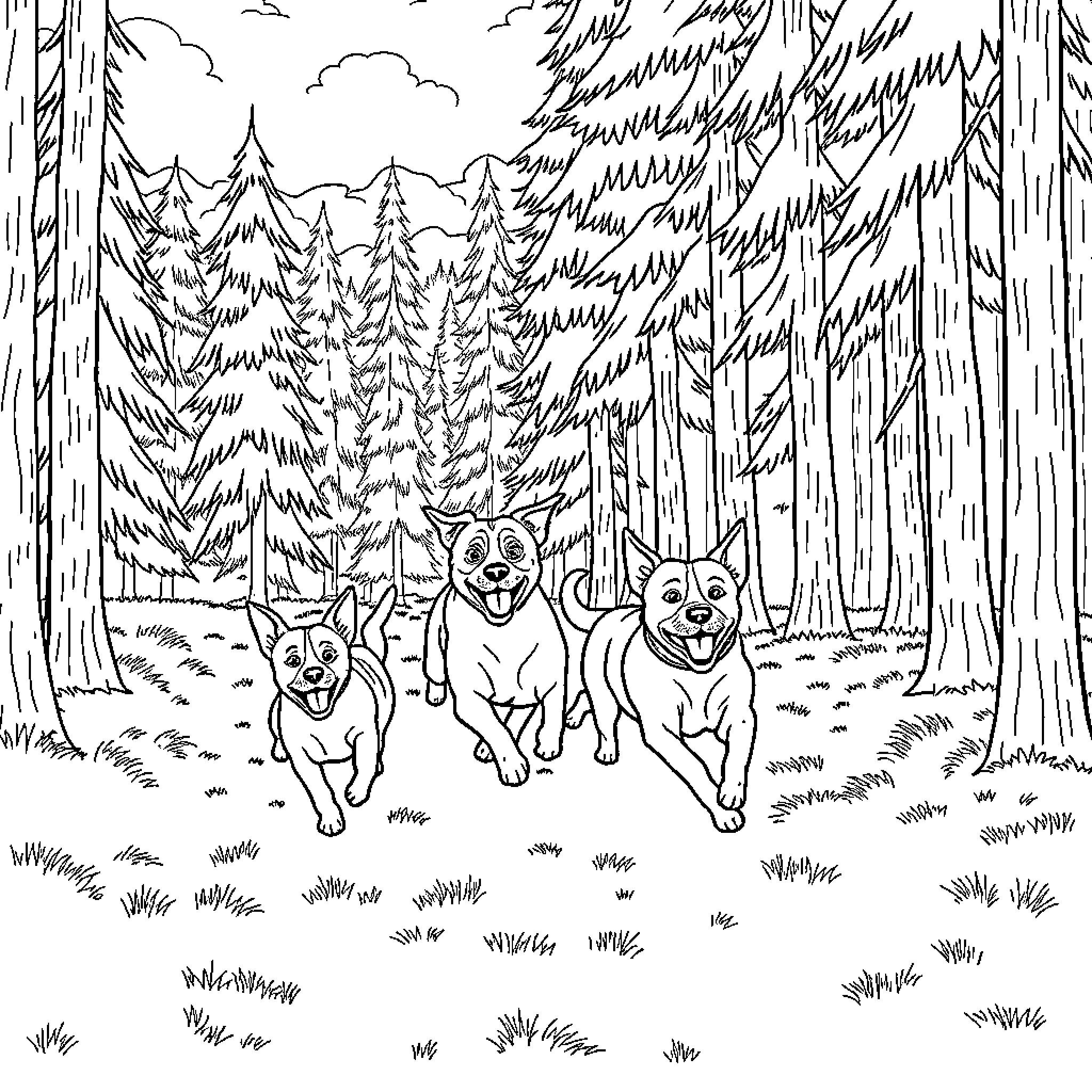 Dog friends exploring the forest Coloring Page (free black-and-white line drawing printable PDF for all, from beginners to advanced learners, including children, teens, adults, and seniors)