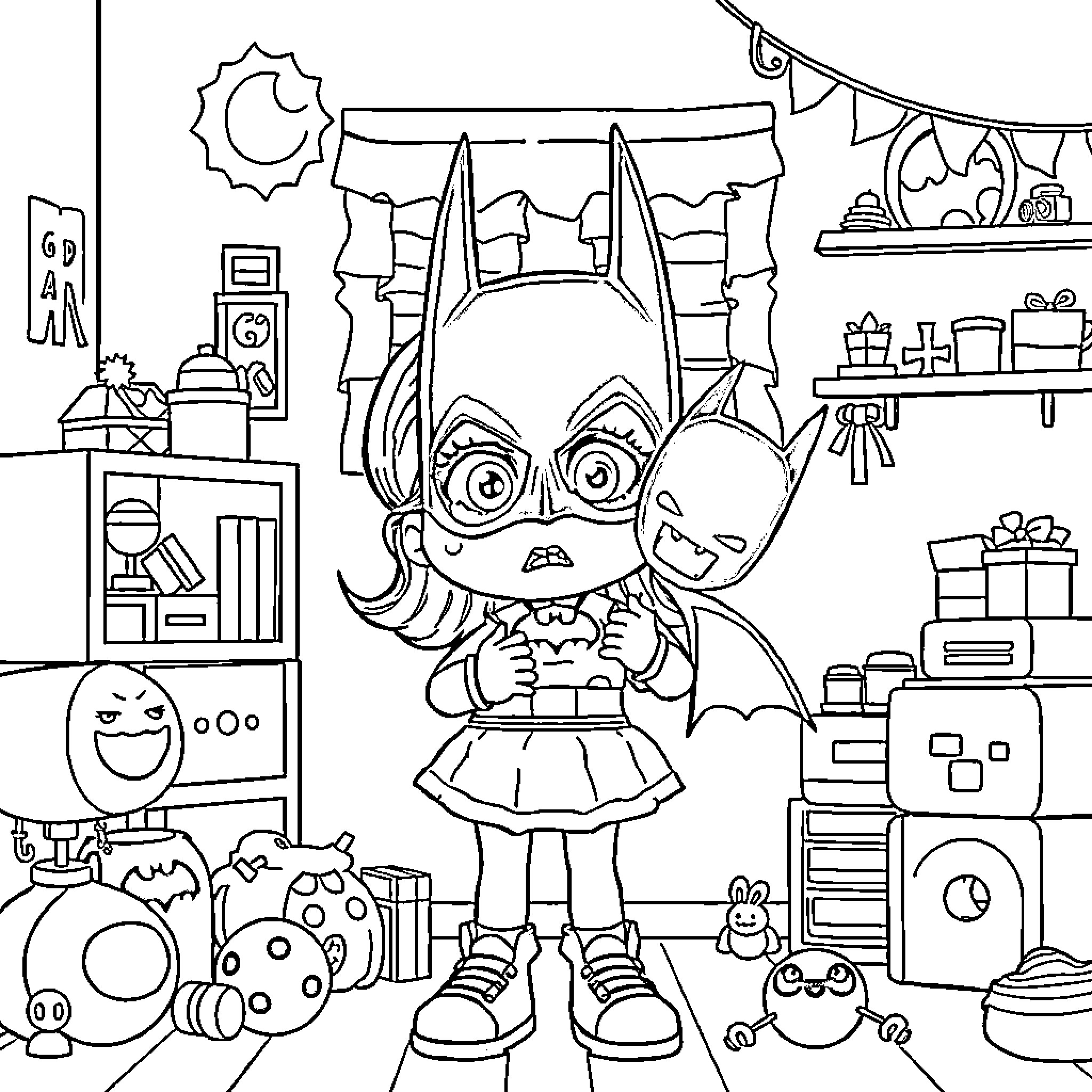 Gabby Dollhouse - Girl playing in a toy-filled room Coloring Page (free black-and-white line drawing printable PDF for all, from beginners to advanced learners, including children, teens, adults, and seniors)