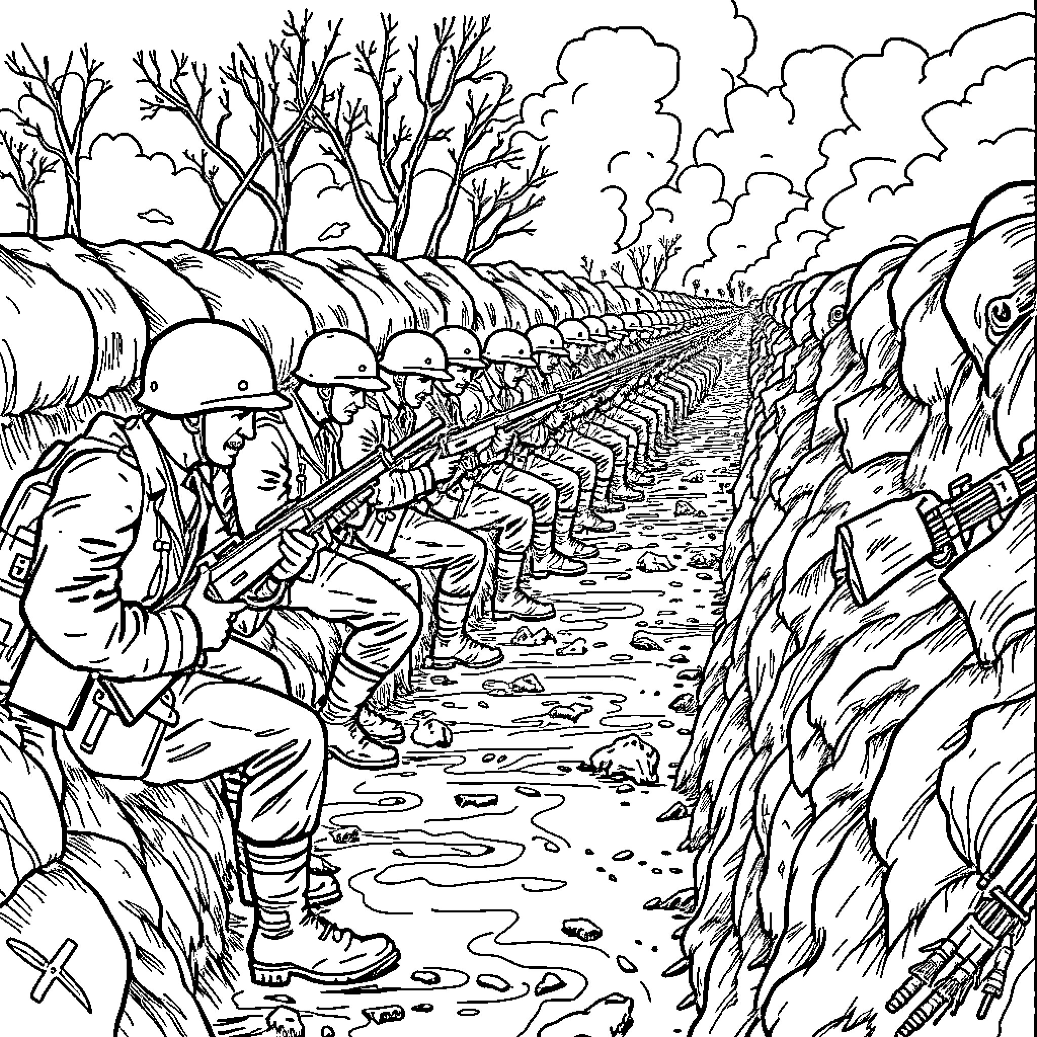 WW1 Soldiers marching in line through rugged terrain Coloring Page (free black-and-white line drawing printable PDF for all, from beginners to advanced learners, including children, teens, adults, and seniors)