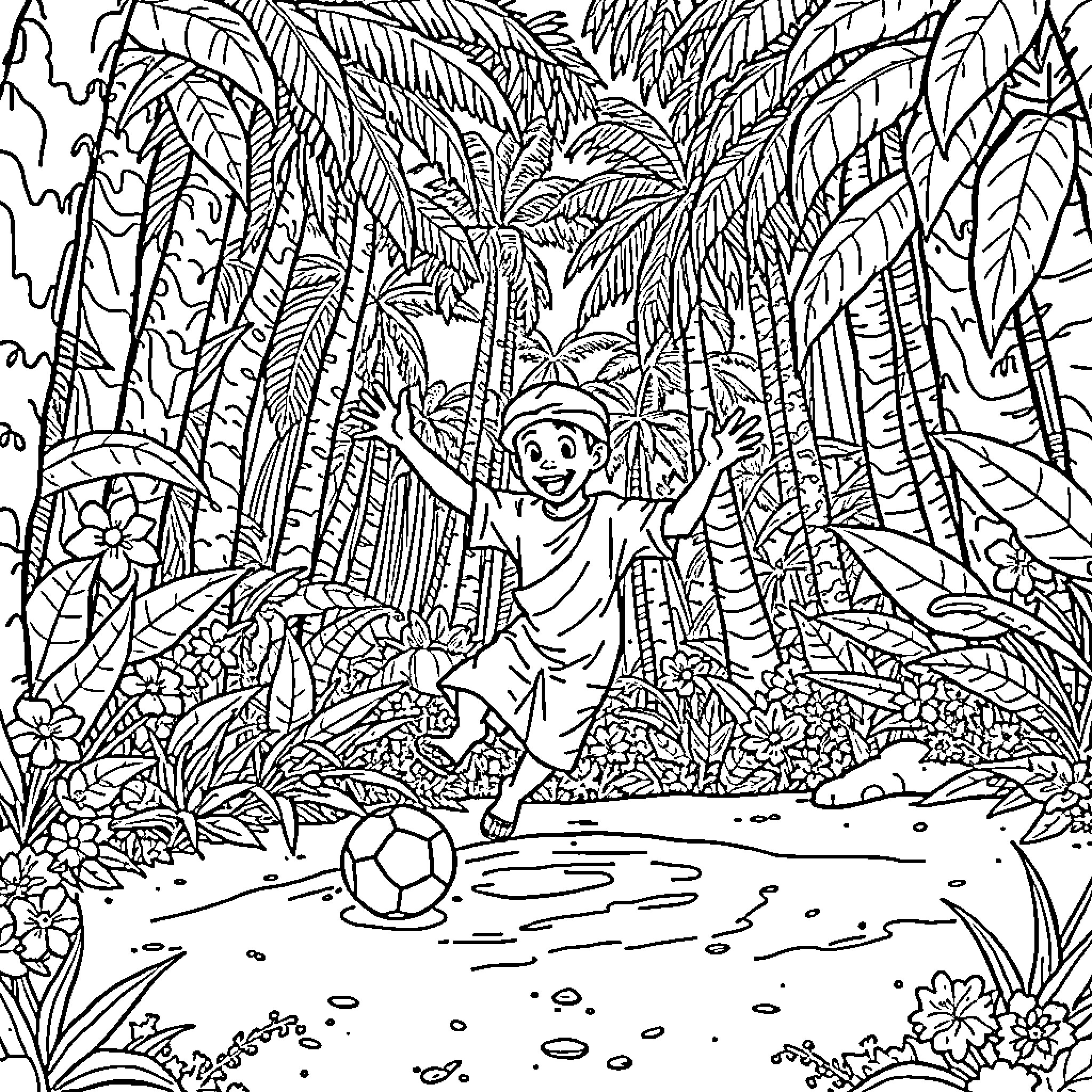 Rumi playing joyfully in the lush tropical jungle Coloring Page (free black-and-white line drawing printable PDF for all, from beginners to advanced learners, including children, teens, adults, and seniors)