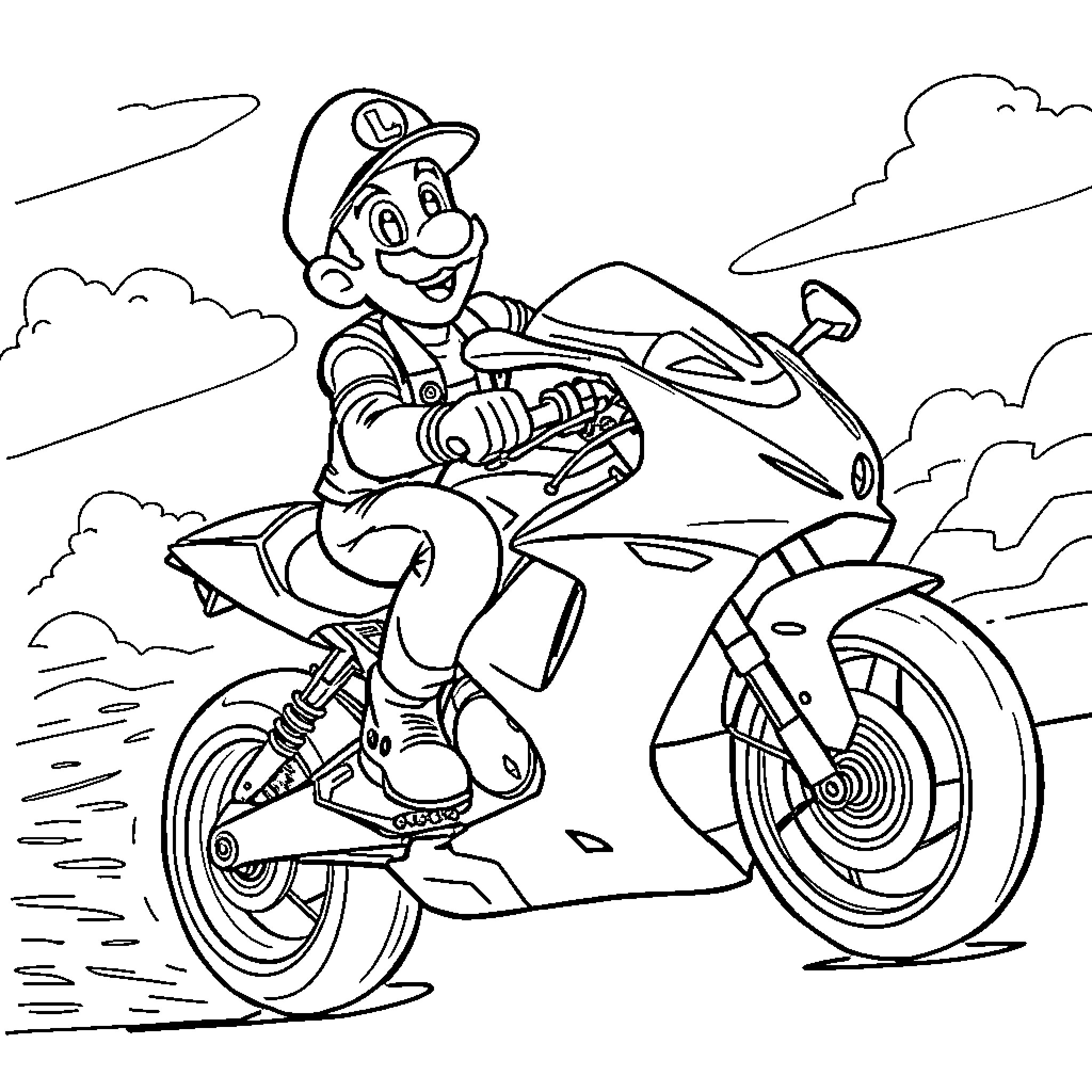 Luigi's Exciting Motorcycle Ride Coloring Page (free black-and-white line drawing printable PDF for all, from beginners to advanced learners, including children, teens, adults, and seniors)