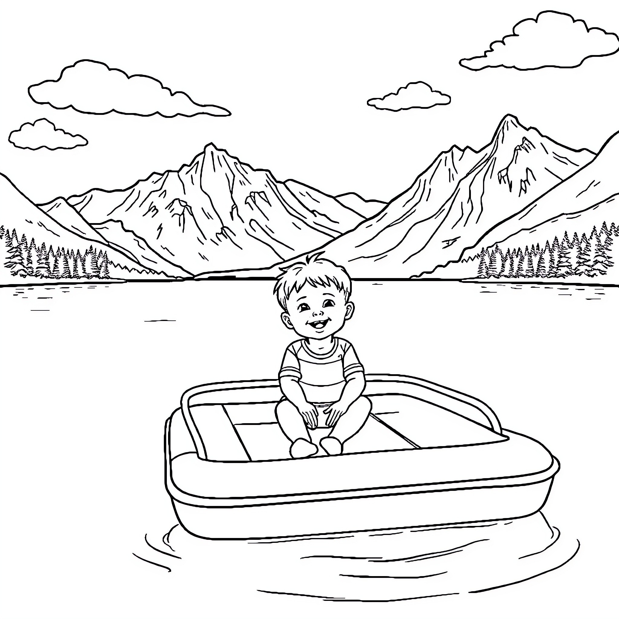 Baby Boy Enjoying a Boat Ride in a Scenic Landscape Coloring Page (free black-and-white line drawing printable PDF for all, from beginners to advanced learners, including children, teens, adults, and seniors)
