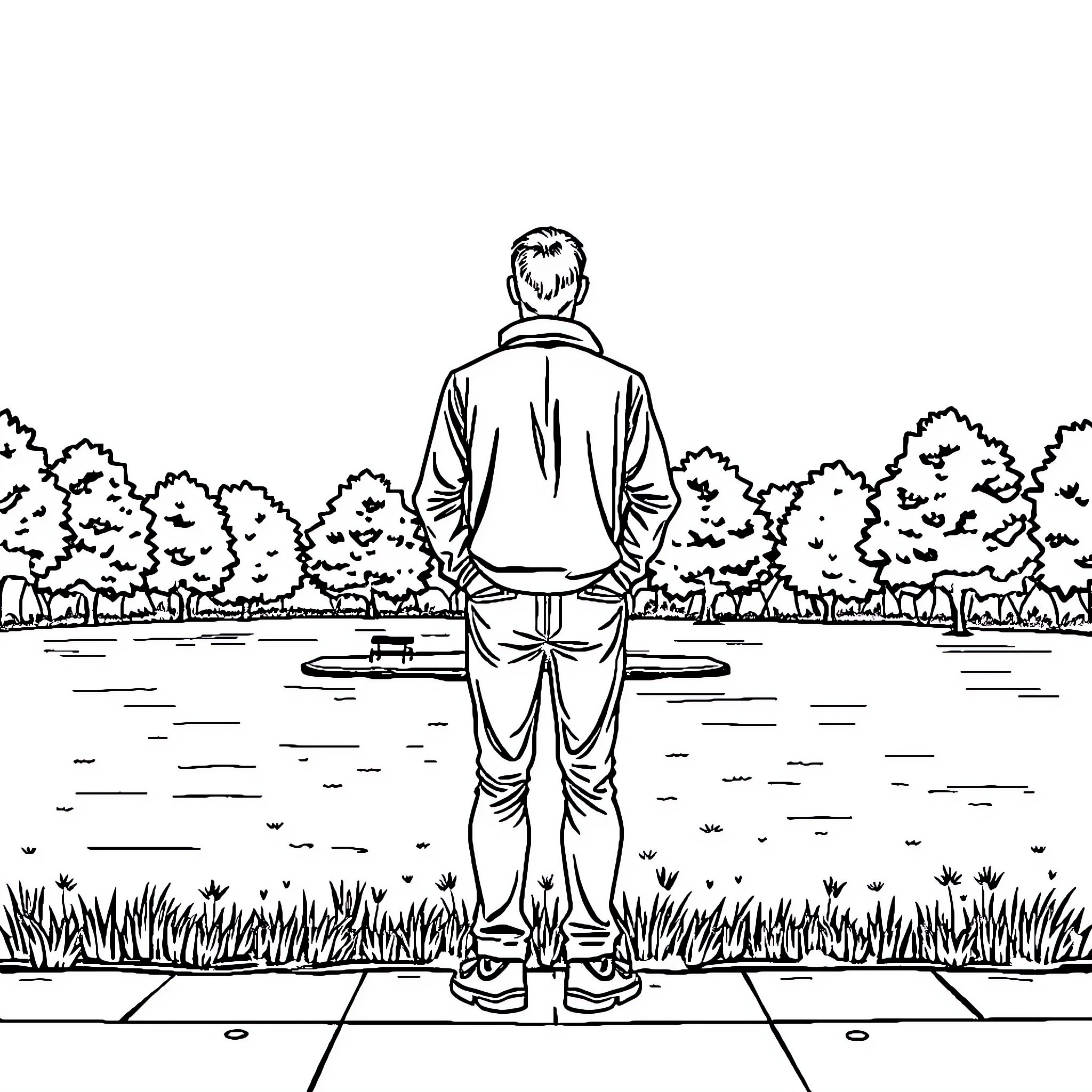Man standing alone in serene outdoor setting Coloring Page (free black-and-white line drawing printable PDF for all, from beginners to advanced learners, including children, teens, adults, and seniors)