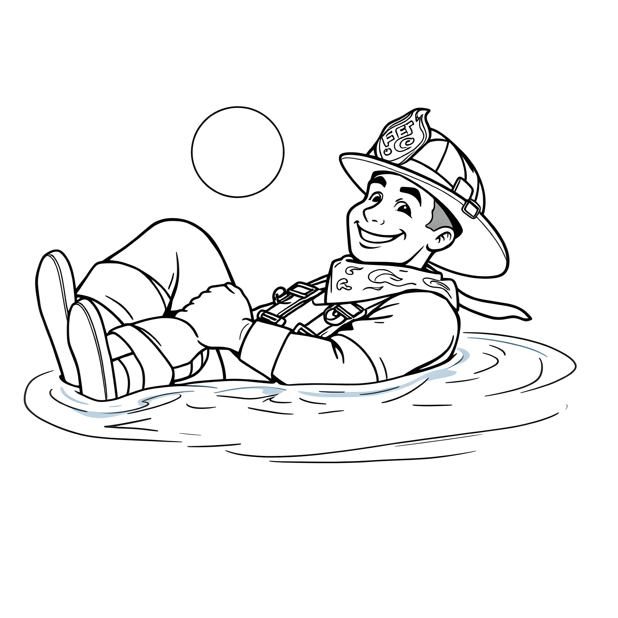 Firefighter relaxing in rescue boat Coloring Page (free black-and-white line drawing printable PDF for all, from beginners to advanced learners, including children, teens, adults, and seniors)
