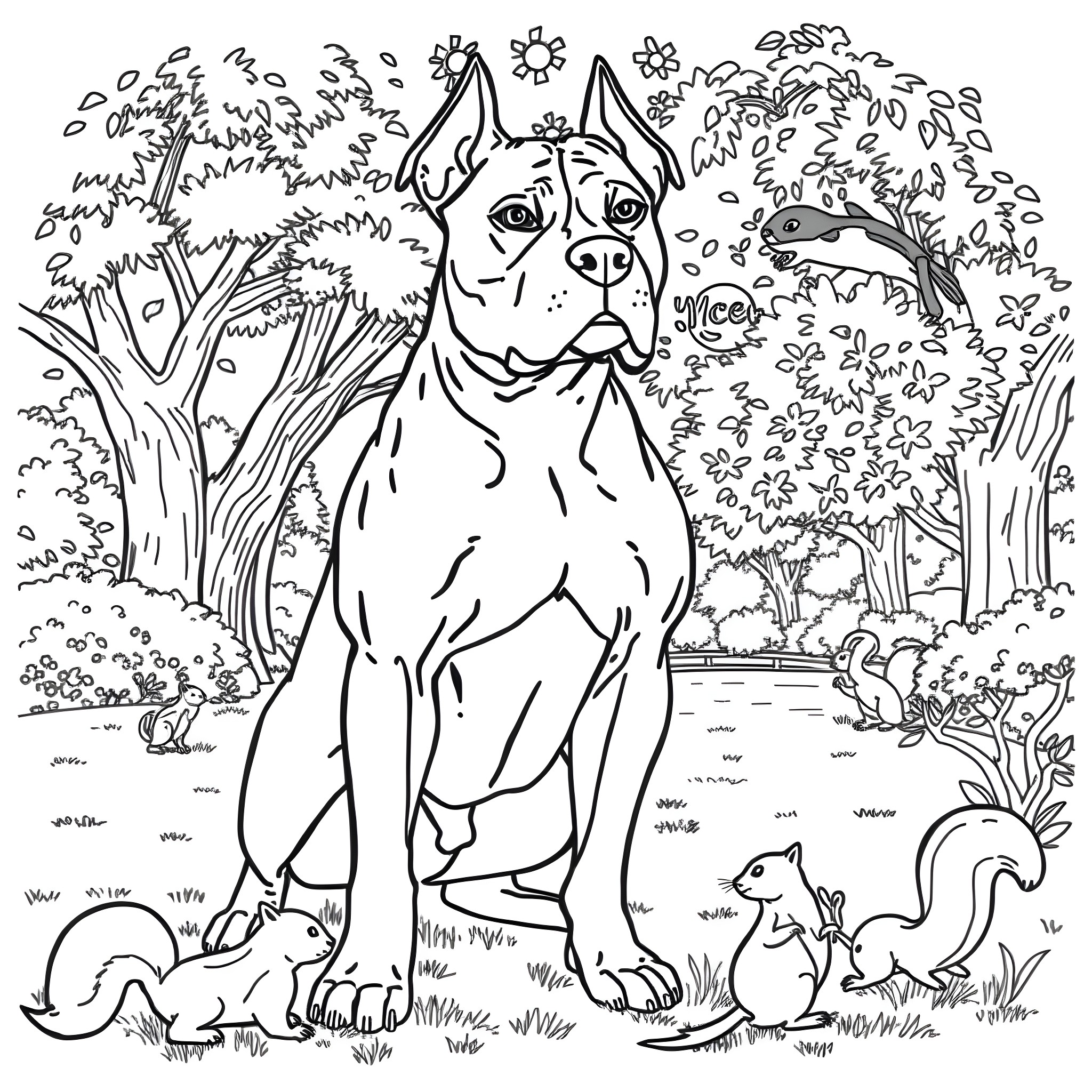 Pitbull enjoying nature with forest animals Coloring Page (free black-and-white line drawing printable PDF for all, from beginners to advanced learners, including children, teens, adults, and seniors)