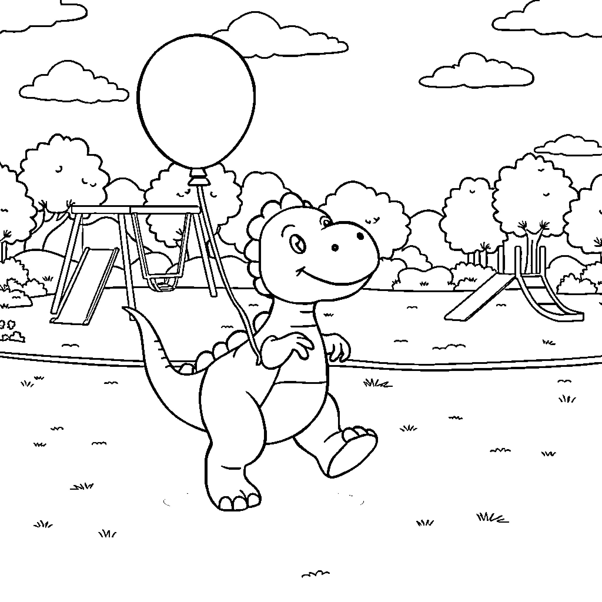 Dinosaur playing happily on the playground Coloring Page (free black-and-white line drawing printable PDF for all, from beginners to advanced learners, including children, teens, adults, and seniors)