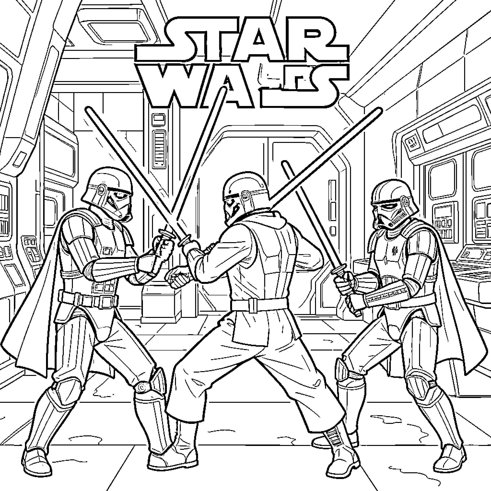 Star Wars stormtroopers engaging in a lightsaber duel Coloring Page (free black-and-white line drawing printable PDF for all, from beginners to advanced learners, including children, teens, adults, and seniors)