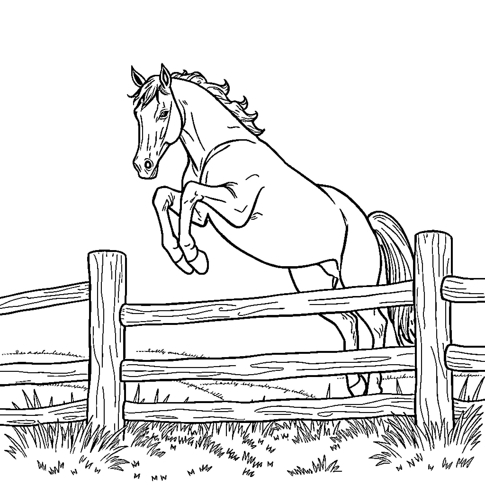 Horse jumping gracefully over a fence Coloring Page (free black-and-white line drawing printable PDF for all, from beginners to advanced learners, including children, teens, adults, and seniors)