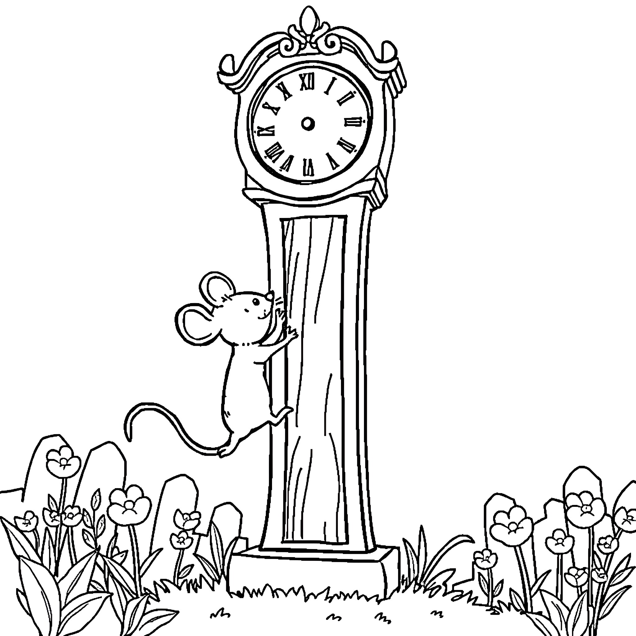 Hickory Dickory Dock: Mouse Climbing Antique Clock Coloring Page (free black-and-white line drawing printable PDF for all, from beginners to advanced learners, including children, teens, adults, and seniors)