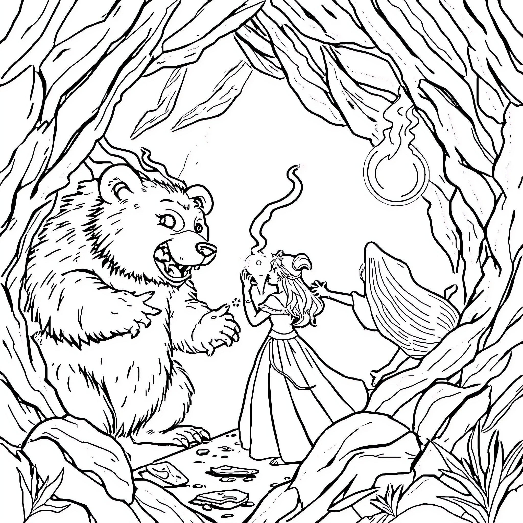Princess Confronting Fearsome Beast in Enchanted Forest Coloring Page (free black-and-white line drawing printable PDF for all, from beginners to advanced learners, including children, teens, adults, and seniors)