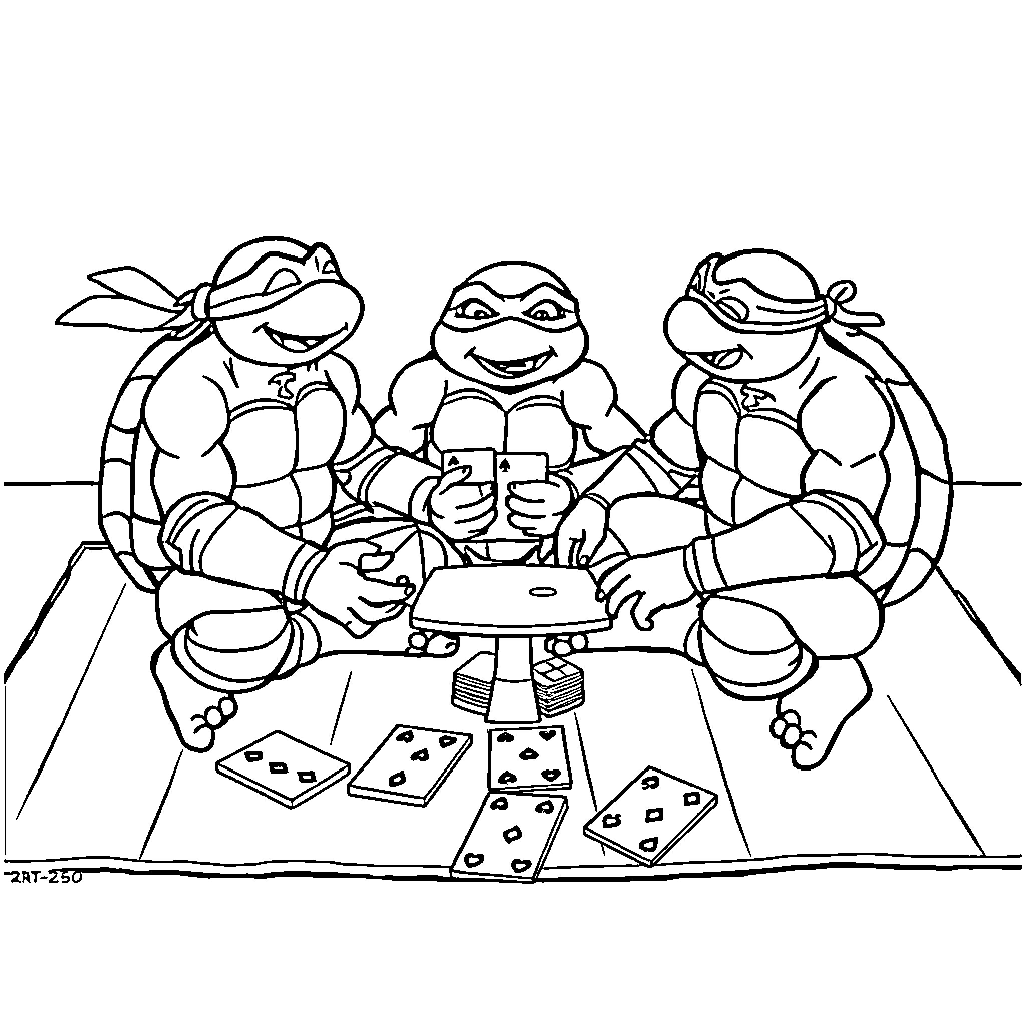 Ninja Turtles playing video games together Coloring Page (free black-and-white line drawing printable PDF for all, from beginners to advanced learners, including children, teens, adults, and seniors)