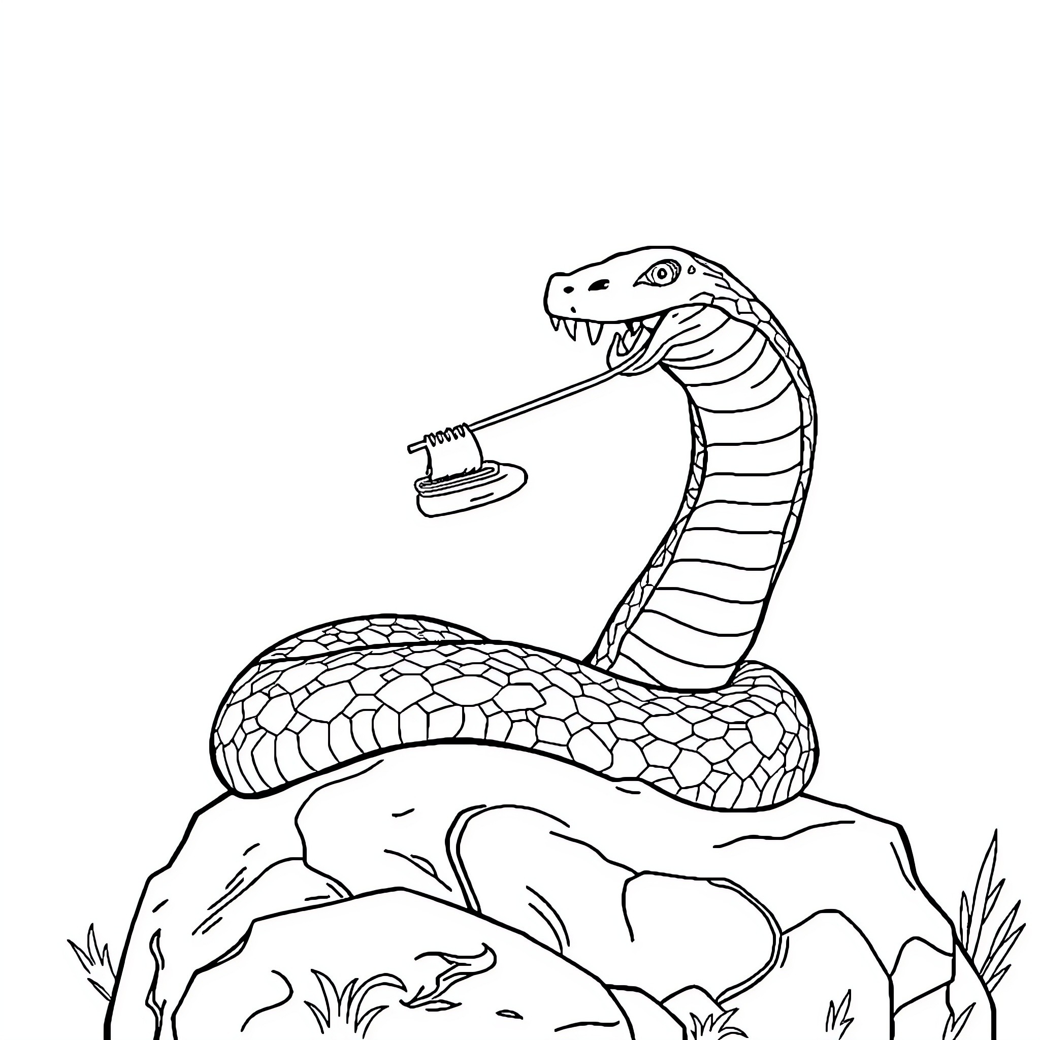 Snake striking aggressively on rocky terrain Coloring Page (free black-and-white line drawing printable PDF for all, from beginners to advanced learners, including children, teens, adults, and seniors)