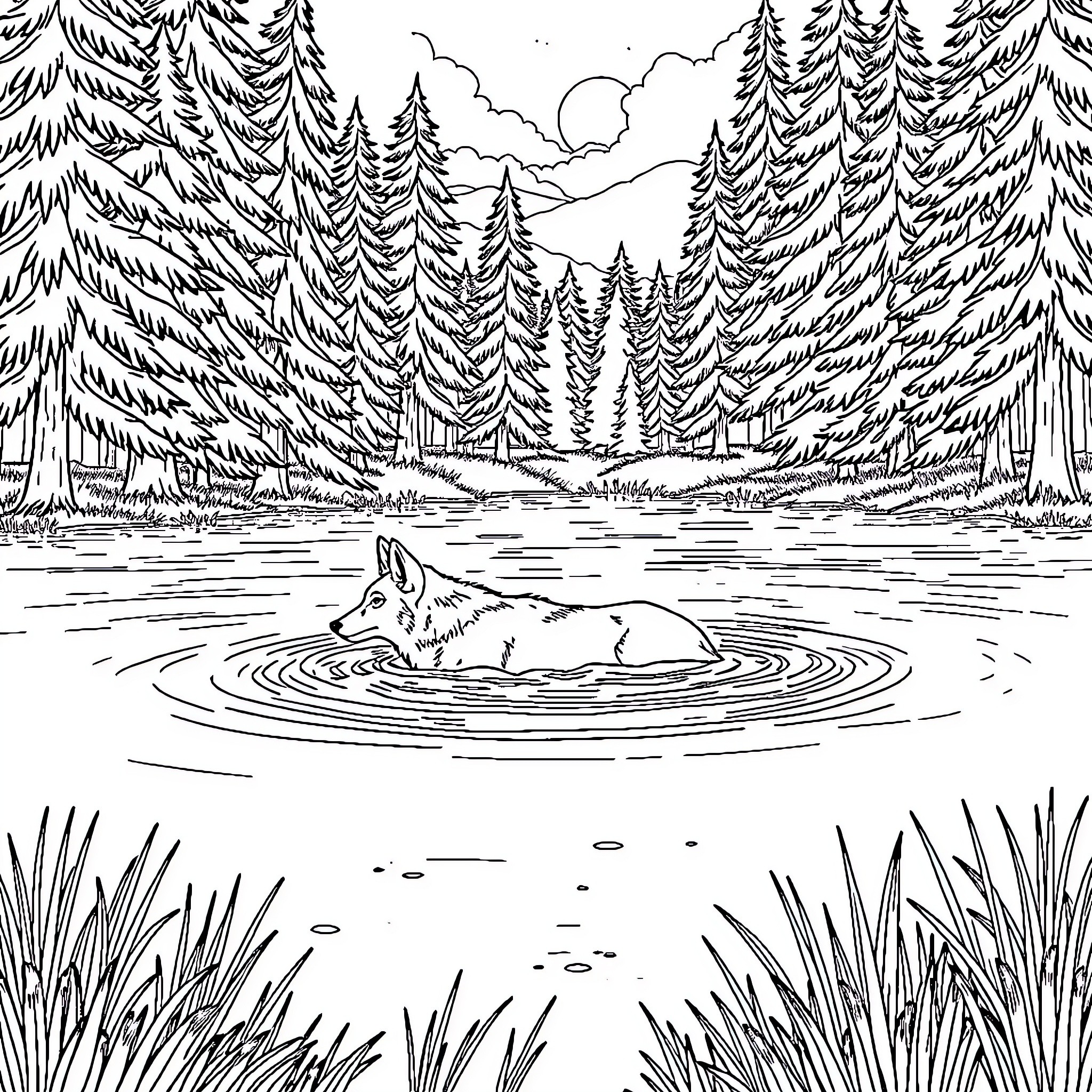 Coyote resting in the tranquil forest lake Coloring Page (free black-and-white line drawing printable PDF for all, from beginners to advanced learners, including children, teens, adults, and seniors)