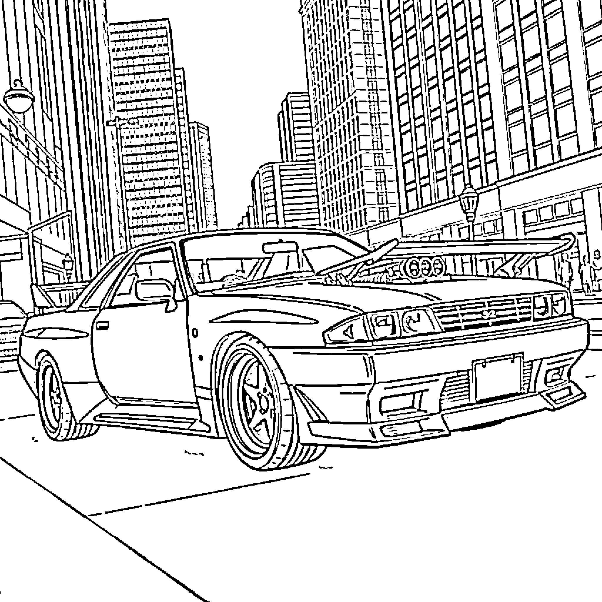 Skyline view of stylized sports car on city street Coloring Page (free black-and-white line drawing printable PDF for all, from beginners to advanced learners, including children, teens, adults, and seniors)