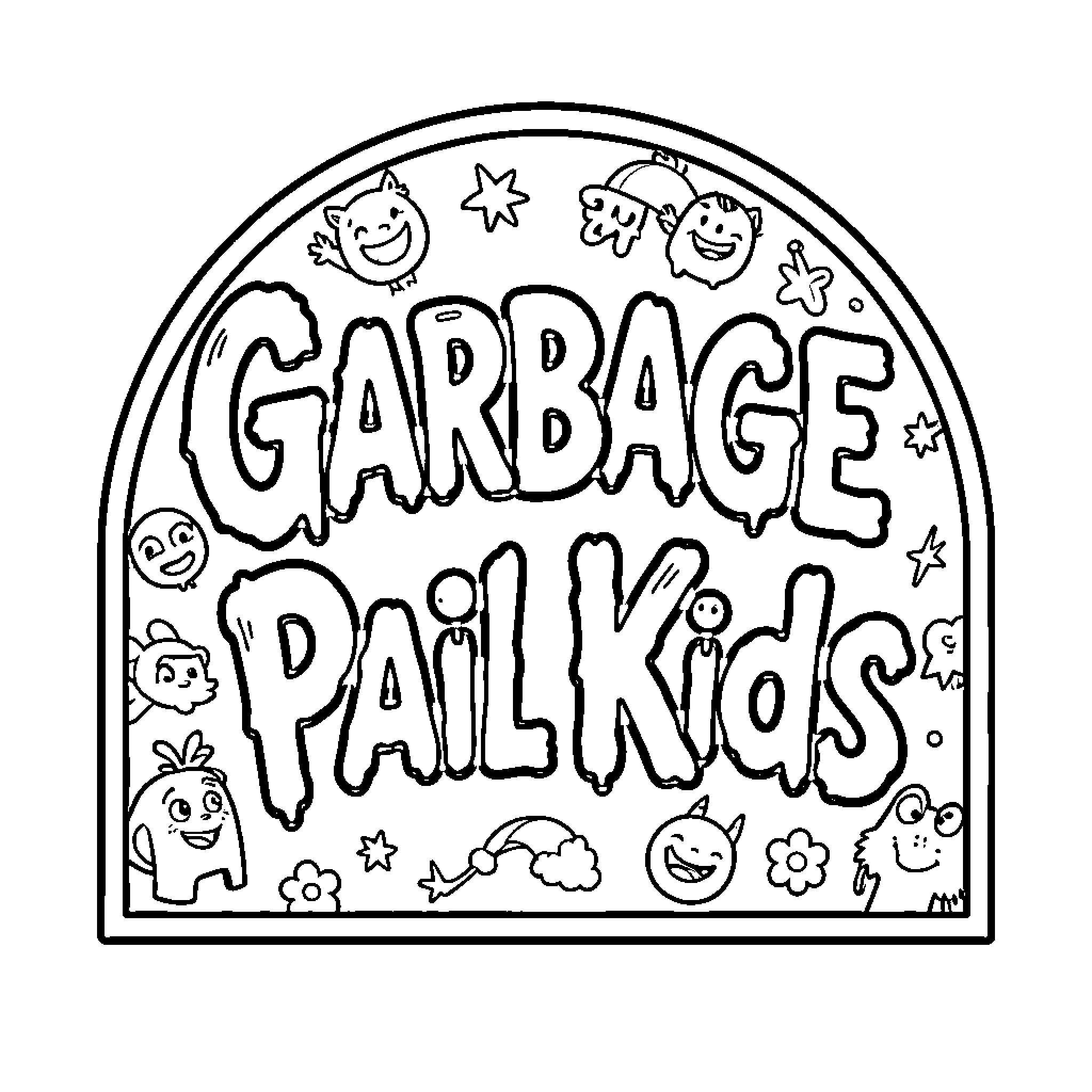 Garbage Pail Kids characters surrounded by small whimsical monsters Coloring Page (free black-and-white line drawing printable PDF for all, from beginners to advanced learners, including children, teens, adults, and seniors)
