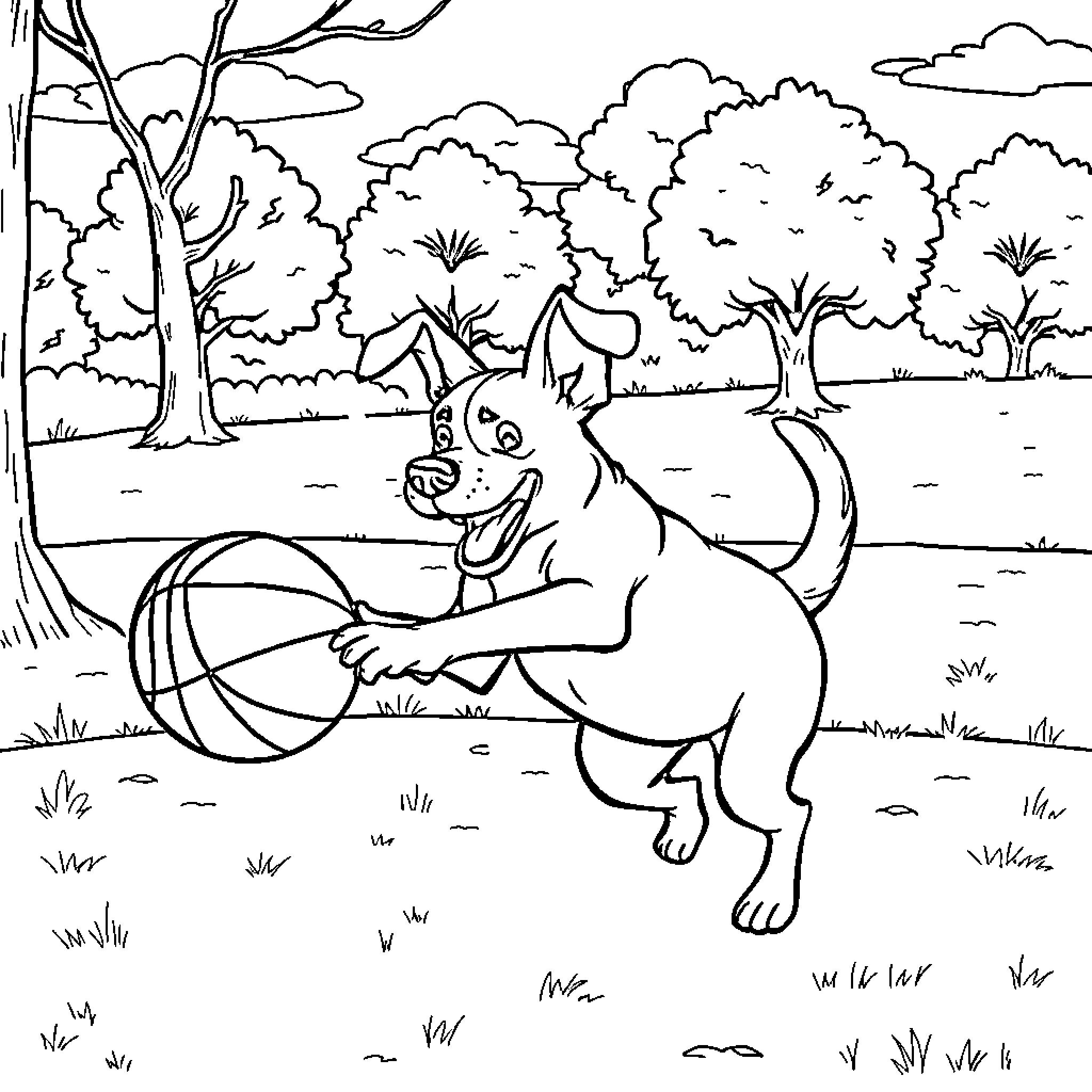 Dog playing with ball in the park Coloring Page (free black-and-white line drawing printable PDF for all, from beginners to advanced learners, including children, teens, adults, and seniors)