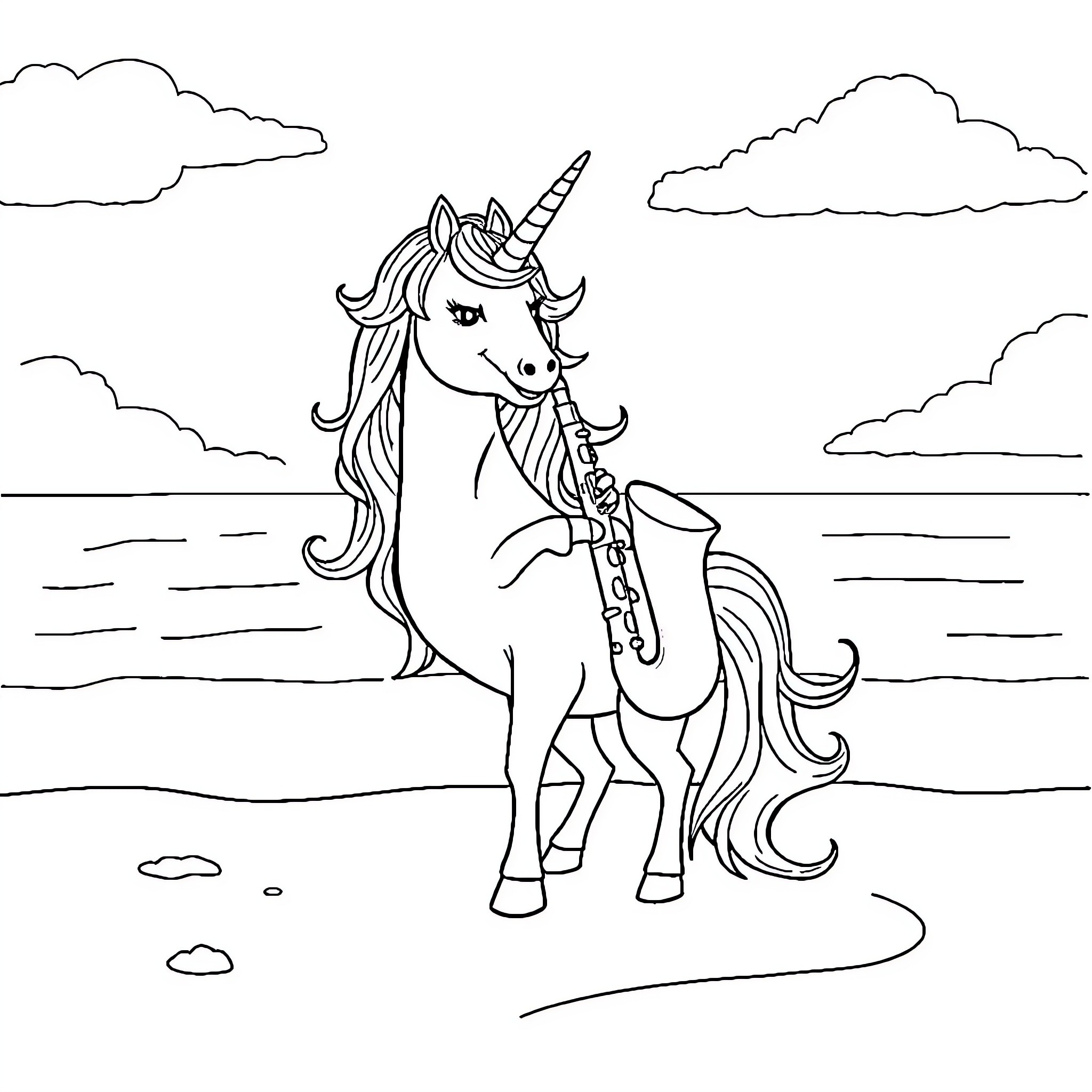 Unicorn playing magical melody by the lake Coloring Page (free black-and-white line drawing printable PDF for all, from beginners to advanced learners, including children, teens, adults, and seniors)