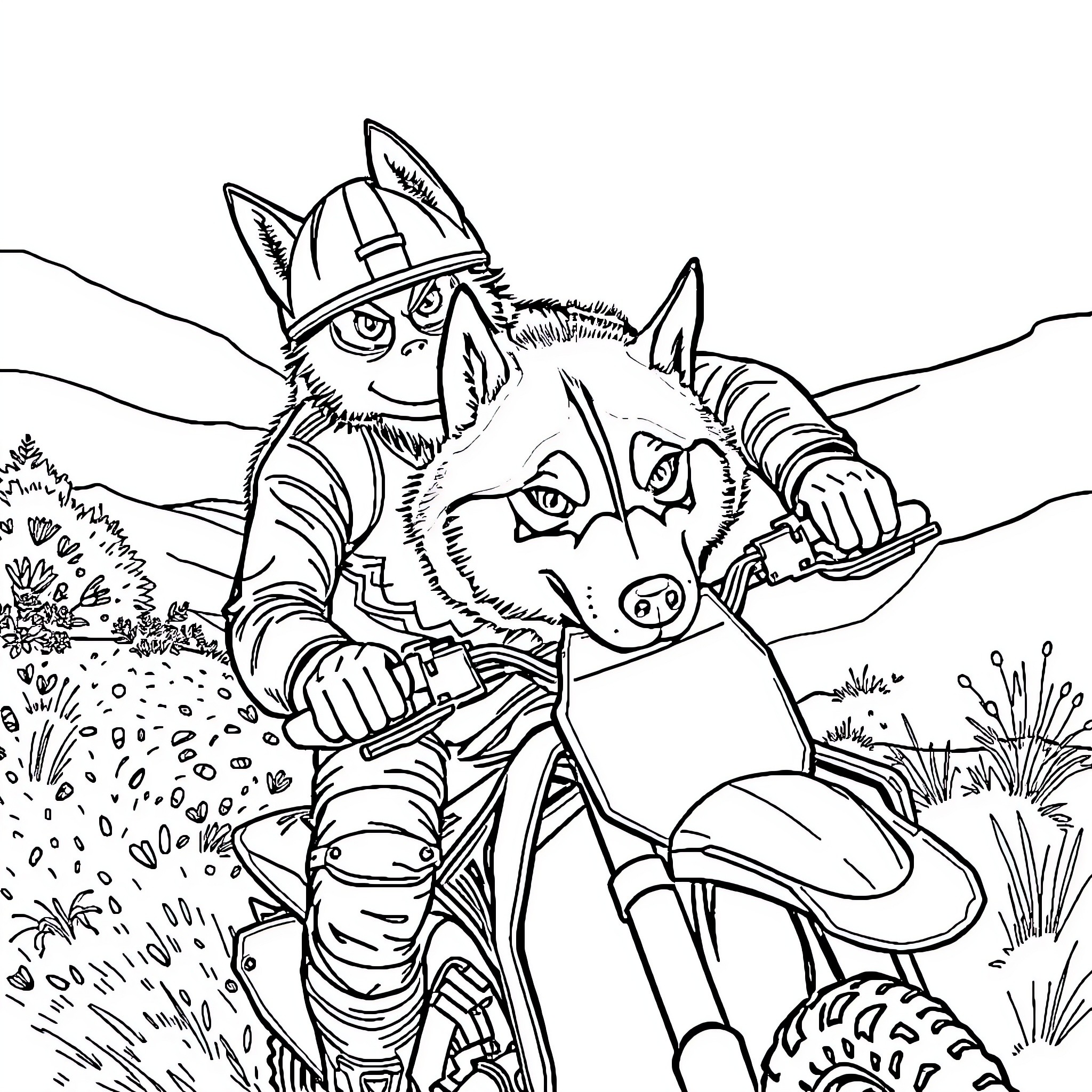 Husky Explorer and Canine Companion in the Wilderness Coloring Page (free black-and-white line drawing printable PDF for all, from beginners to advanced learners, including children, teens, adults, and seniors)