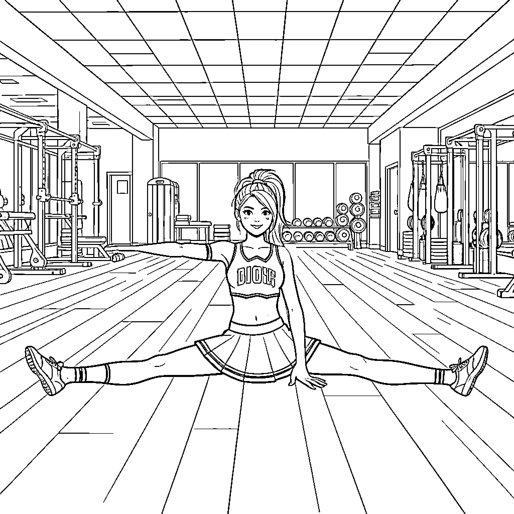 Cheerleader performing a split in a gym Coloring Page (free black-and-white line drawing printable PDF for all, from beginners to advanced learners, including children, teens, adults, and seniors)