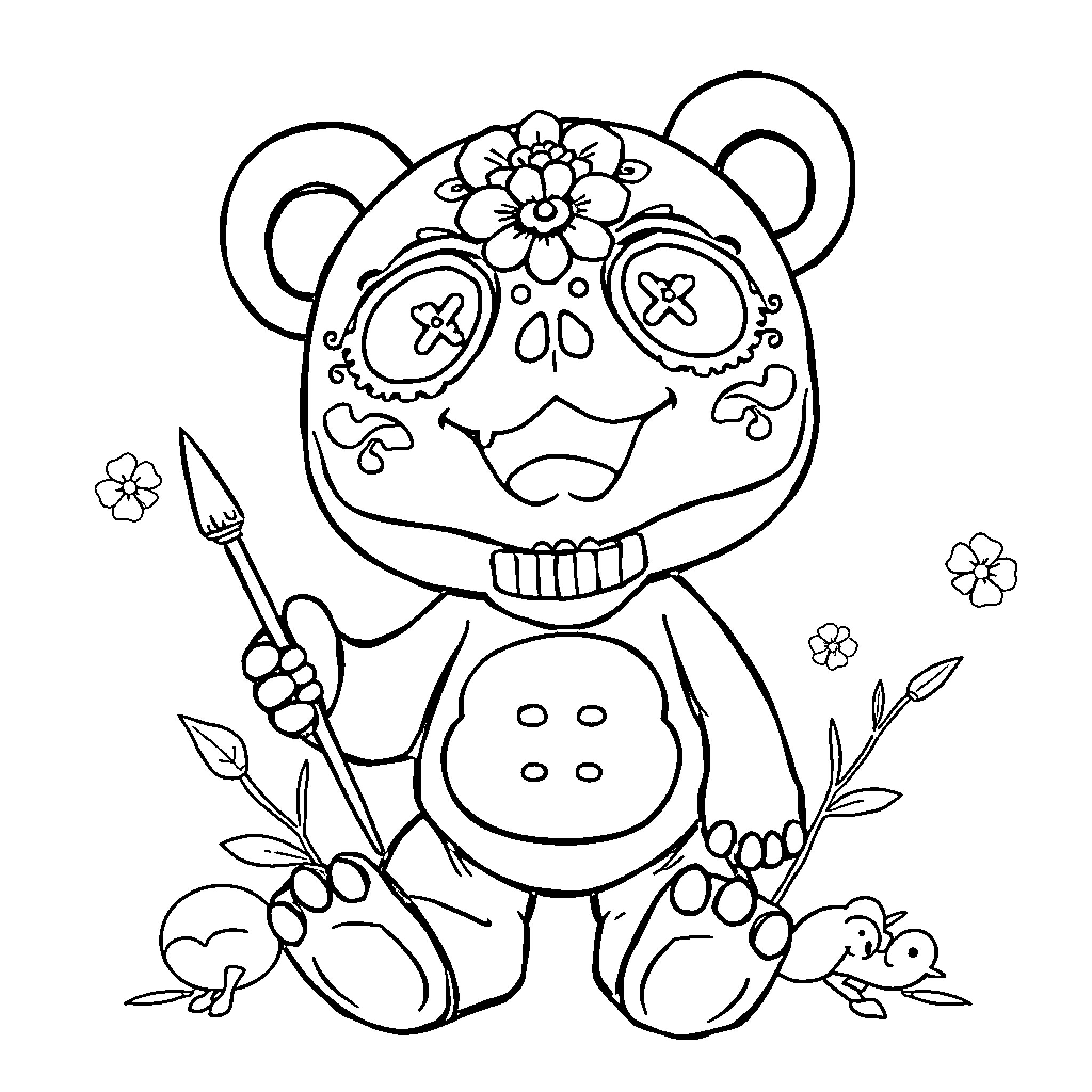 Skullpanda with flowers and buttons in playful pose Coloring Page (free black-and-white line drawing printable PDF for all, from beginners to advanced learners, including children, teens, adults, and seniors)