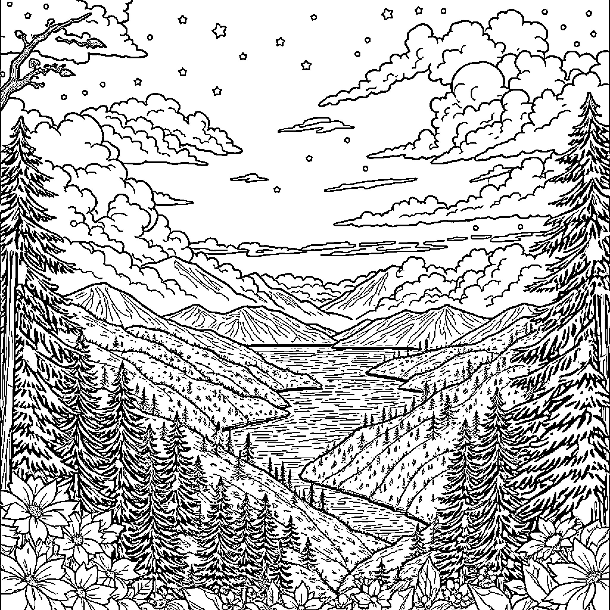 Creation of a Serene Winter Landscape Coloring Page (free black-and-white line drawing printable PDF for all, from beginners to advanced learners, including children, teens, adults, and seniors)