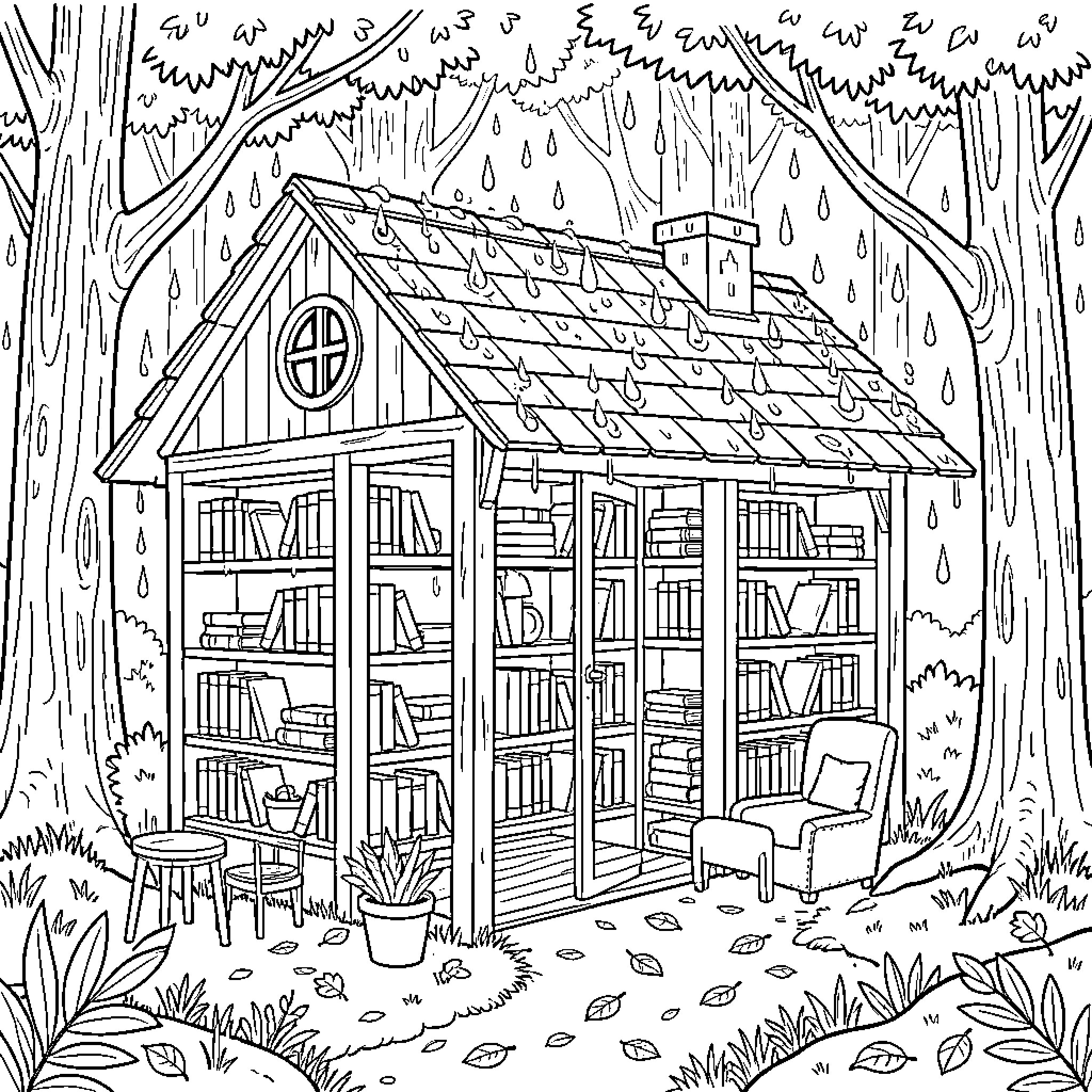 Library in the Cozy Forest Hideaway Coloring Page (free black-and-white line drawing printable PDF for all, from beginners to advanced learners, including children, teens, adults, and seniors)