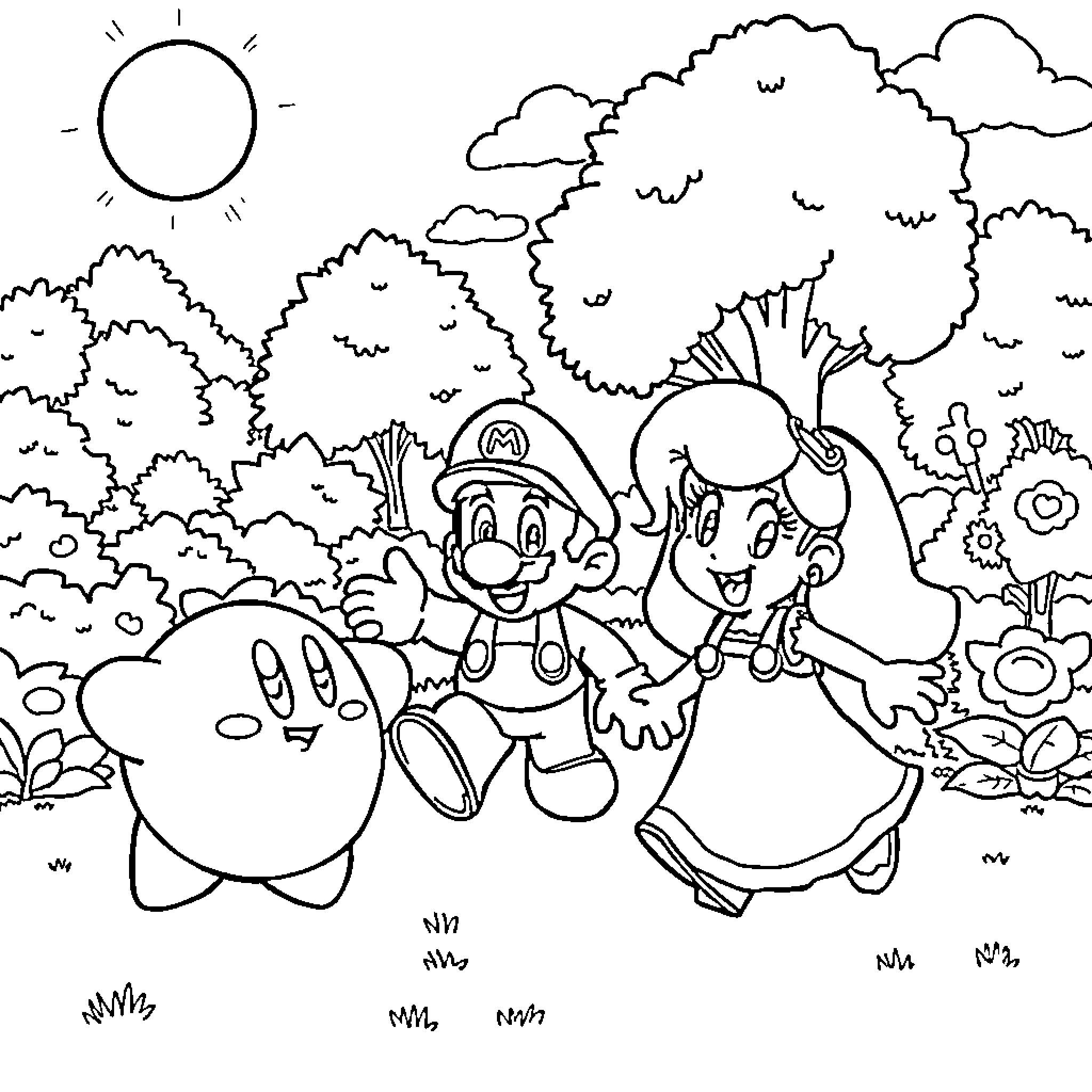 Kirby Plays with Mario and Princess in the Forest Coloring Page (free black-and-white line drawing printable PDF for all, from beginners to advanced learners, including children, teens, adults, and seniors)