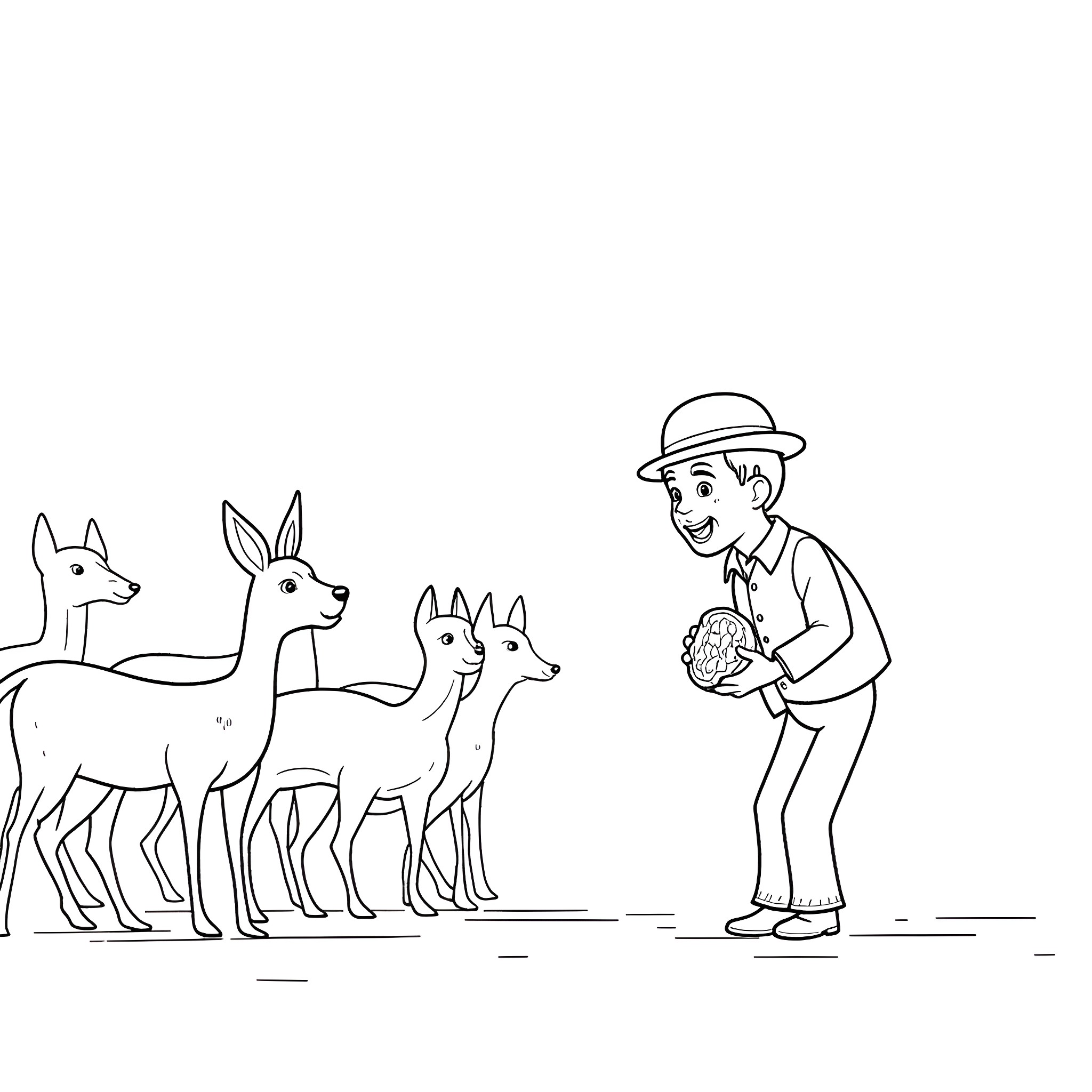 Charlie Chaplin interacts with playful deer in a countryside scene Coloring Page (free black-and-white line drawing printable PDF for all, from beginners to advanced learners, including children, teens, adults, and seniors)
