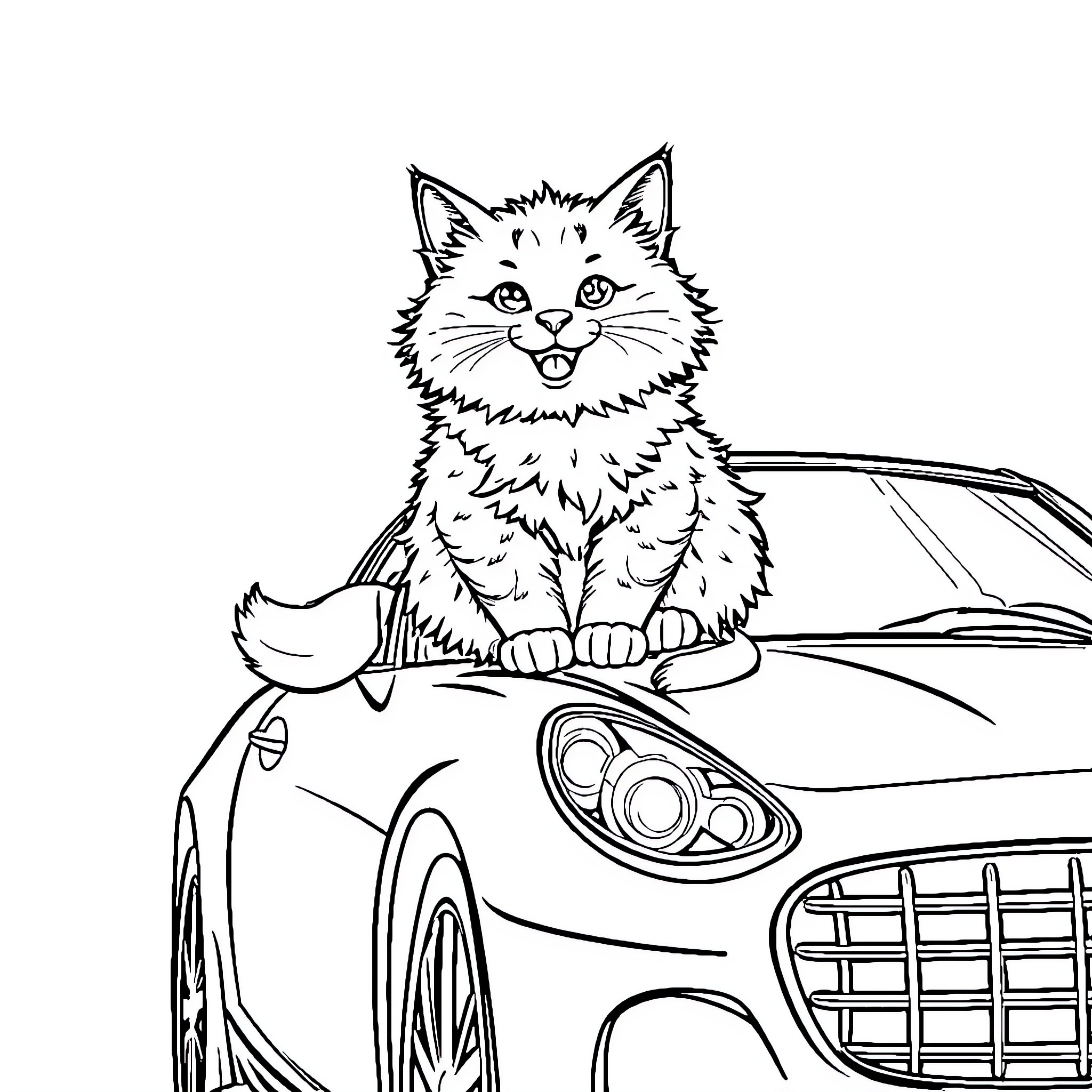 Cat riding on a sports car Coloring Page (free black-and-white line drawing printable PDF for all, from beginners to advanced learners, including children, teens, adults, and seniors)