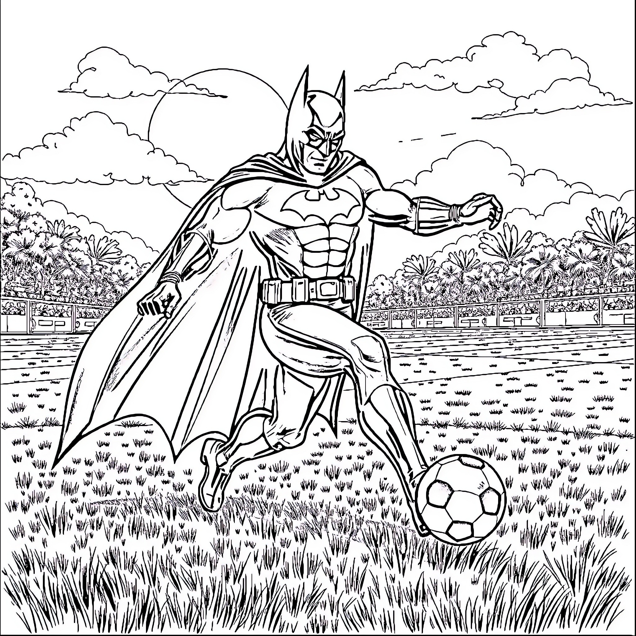 Batman Playing Soccer in the Meadow Coloring Page (free black-and-white line drawing printable PDF for all, from beginners to advanced learners, including children, teens, adults, and seniors)